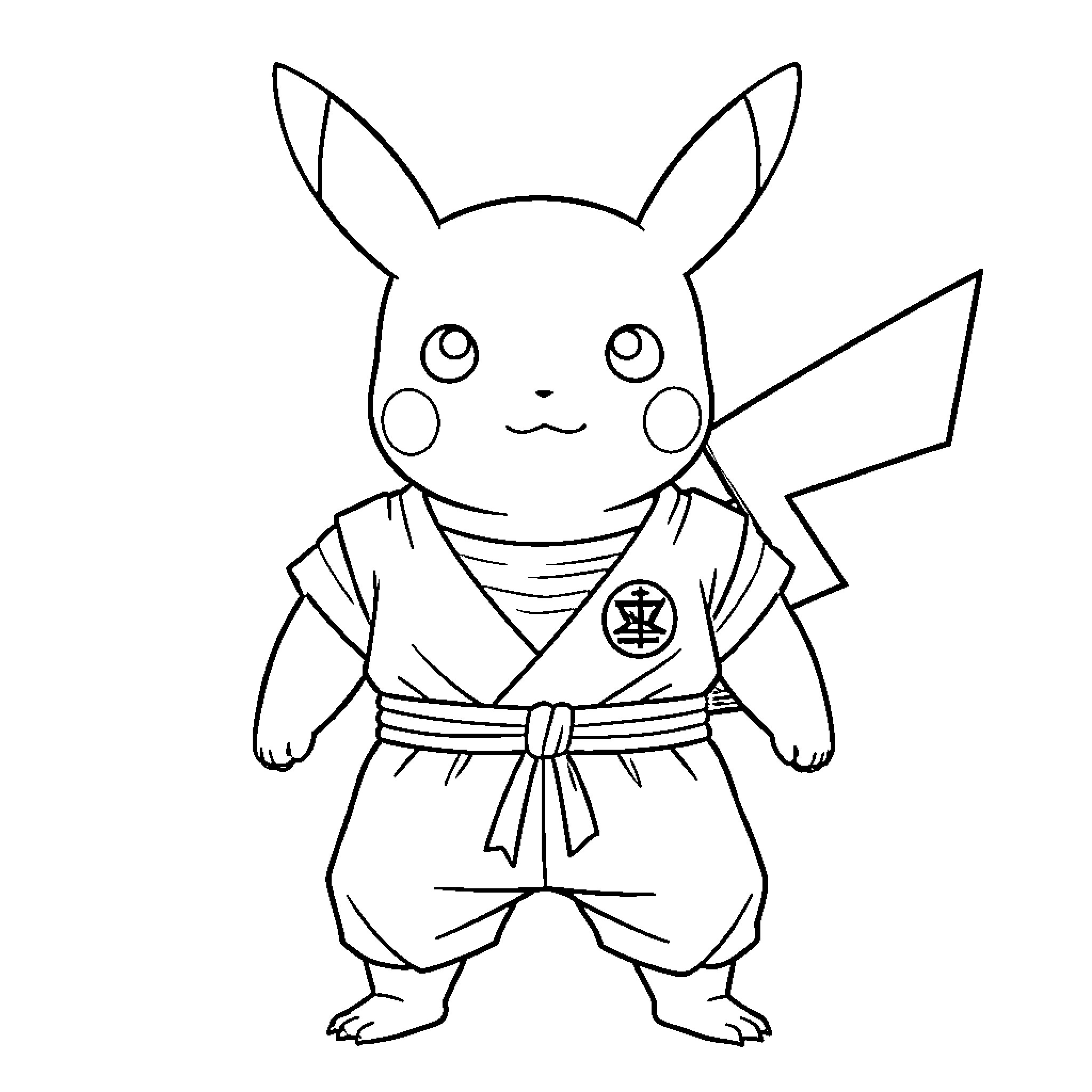 Pikachu dressed in martial arts uniform Coloring Page (free black-and-white line drawing printable PDF for all, from beginners to advanced learners, including children, teens, adults, and seniors)