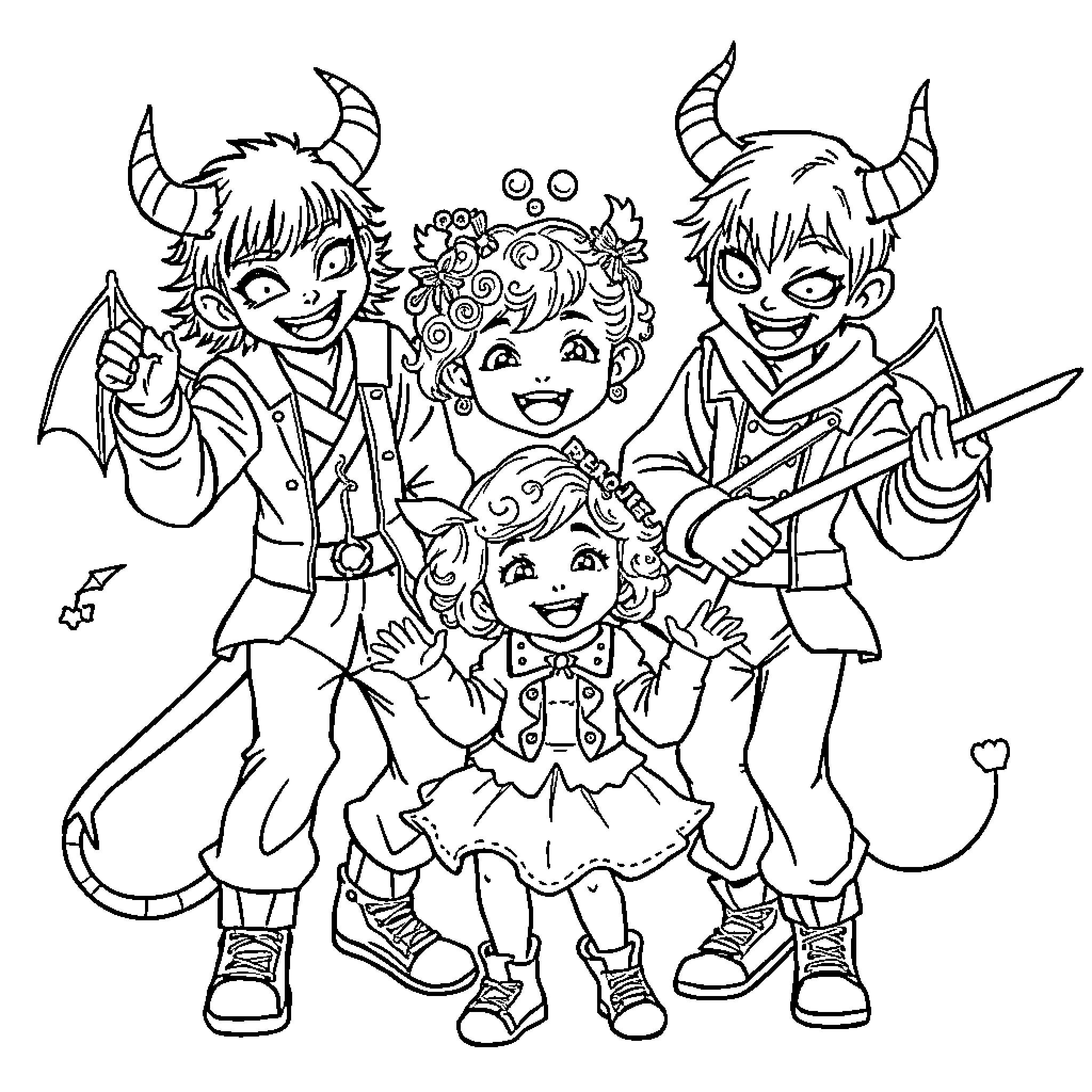 Demon Hunters in Heroic Poses with Fantastical Outfits Coloring Page (free black-and-white line drawing printable PDF for all, from beginners to advanced learners, including children, teens, adults, and seniors)