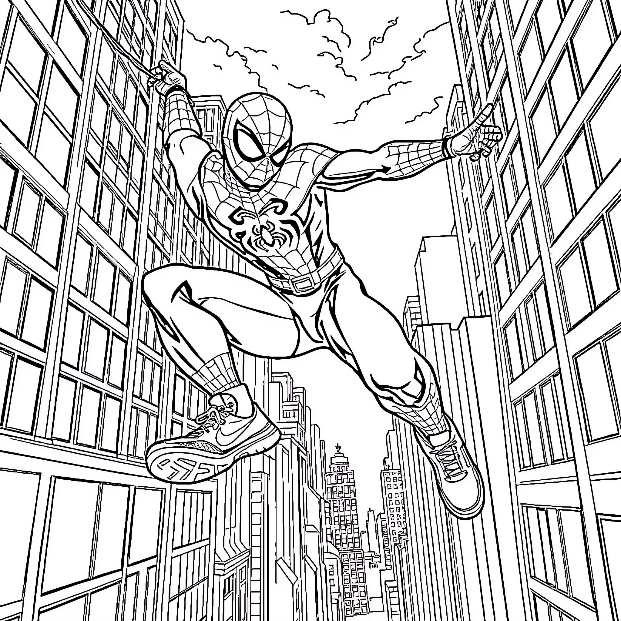 Spiderman swinging through the city skyline Coloring Page (free black-and-white line drawing printable PDF for all, from beginners to advanced learners, including children, teens, adults, and seniors)