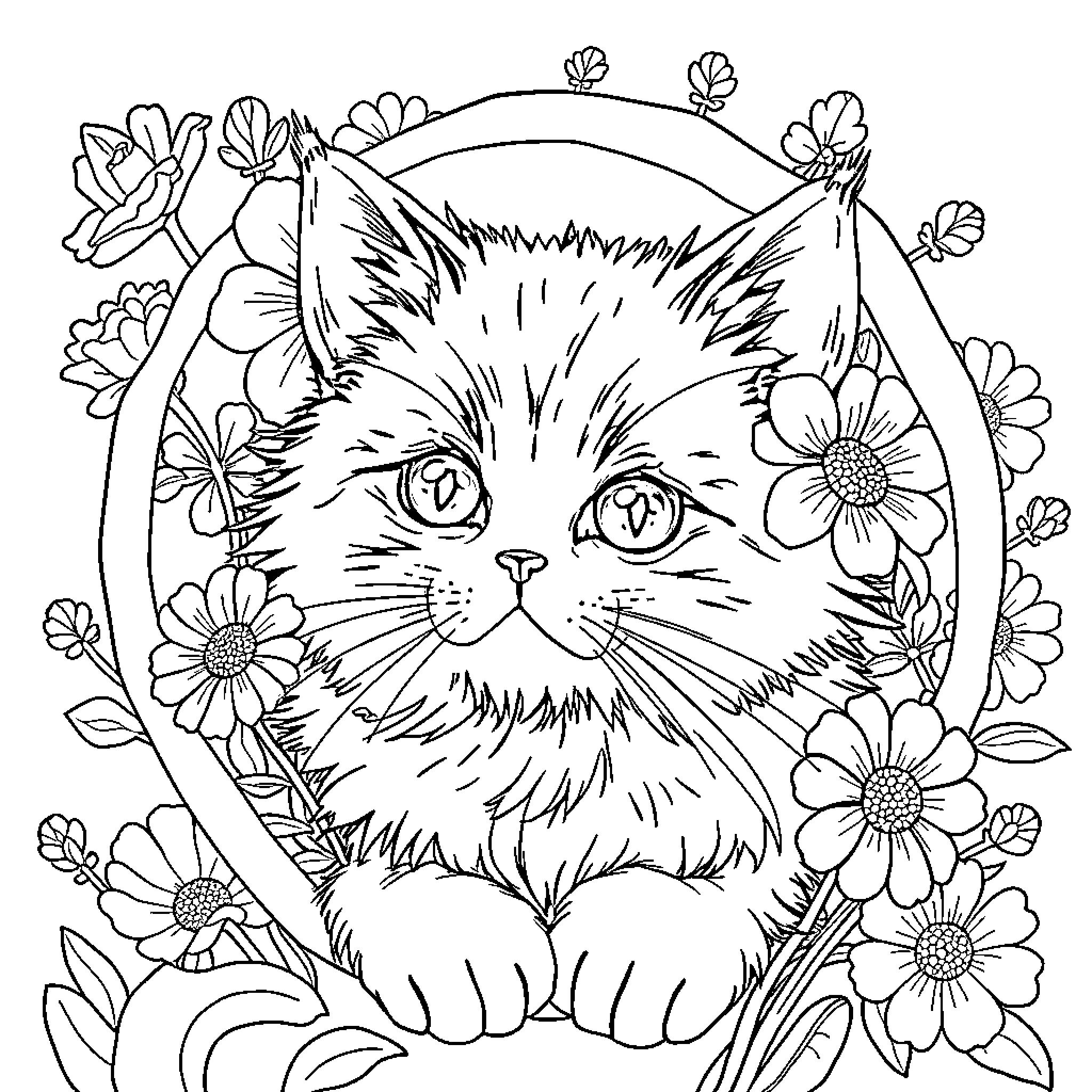 Cat in a floral wonderland Coloring Page (free black-and-white line drawing printable PDF for all, from beginners to advanced learners, including children, teens, adults, and seniors)