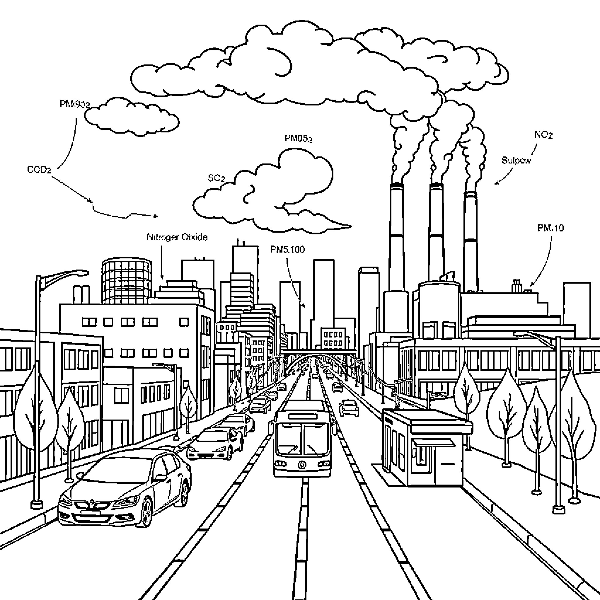 City with Bustling Traffic and Towering Factories Coloring Page (free black-and-white line drawing printable PDF for all, from beginners to advanced learners, including children, teens, adults, and seniors)