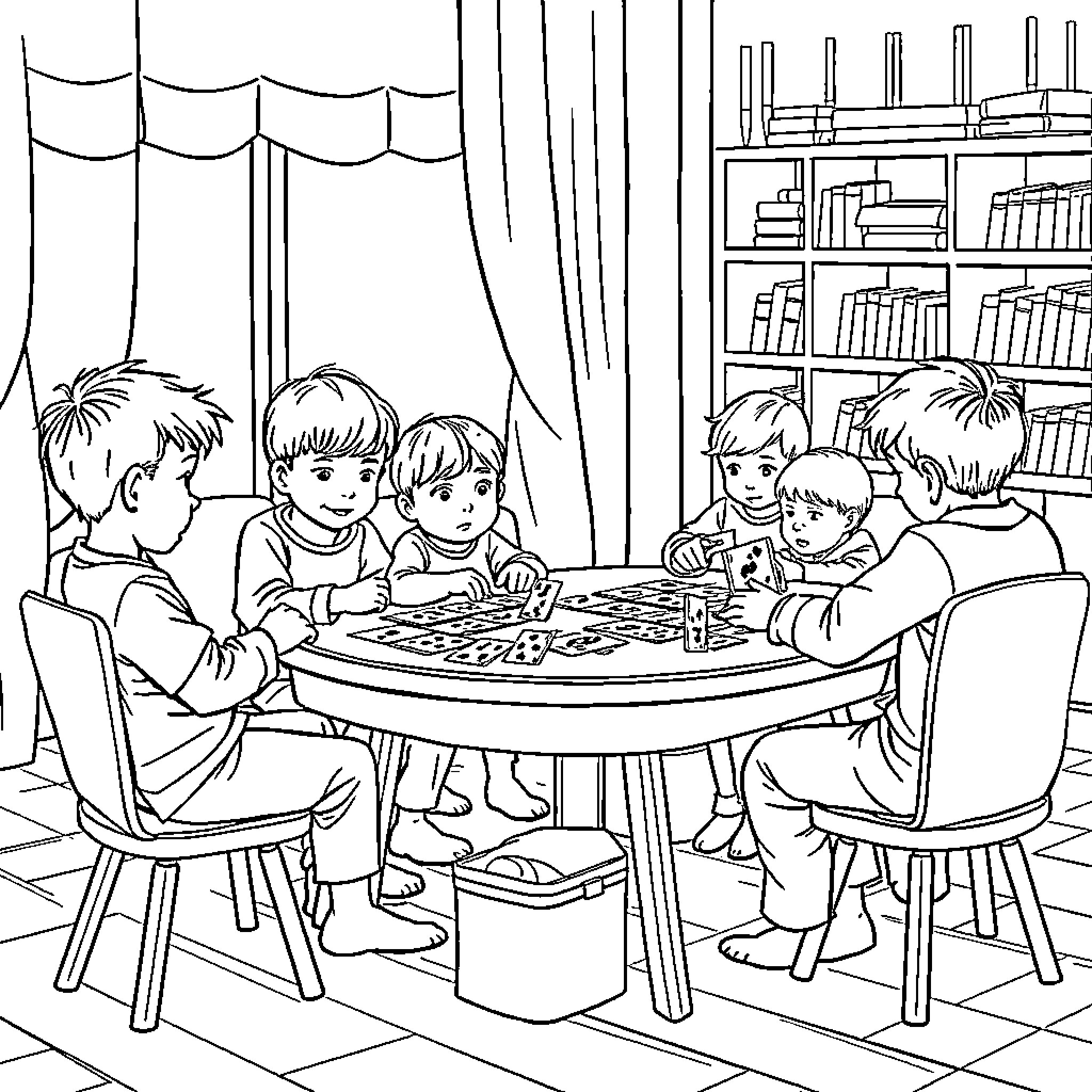 Niños jugando juntos en una habitación Coloring Page (free black-and-white line drawing printable PDF for all, from beginners to advanced learners, including children, teens, adults, and seniors)