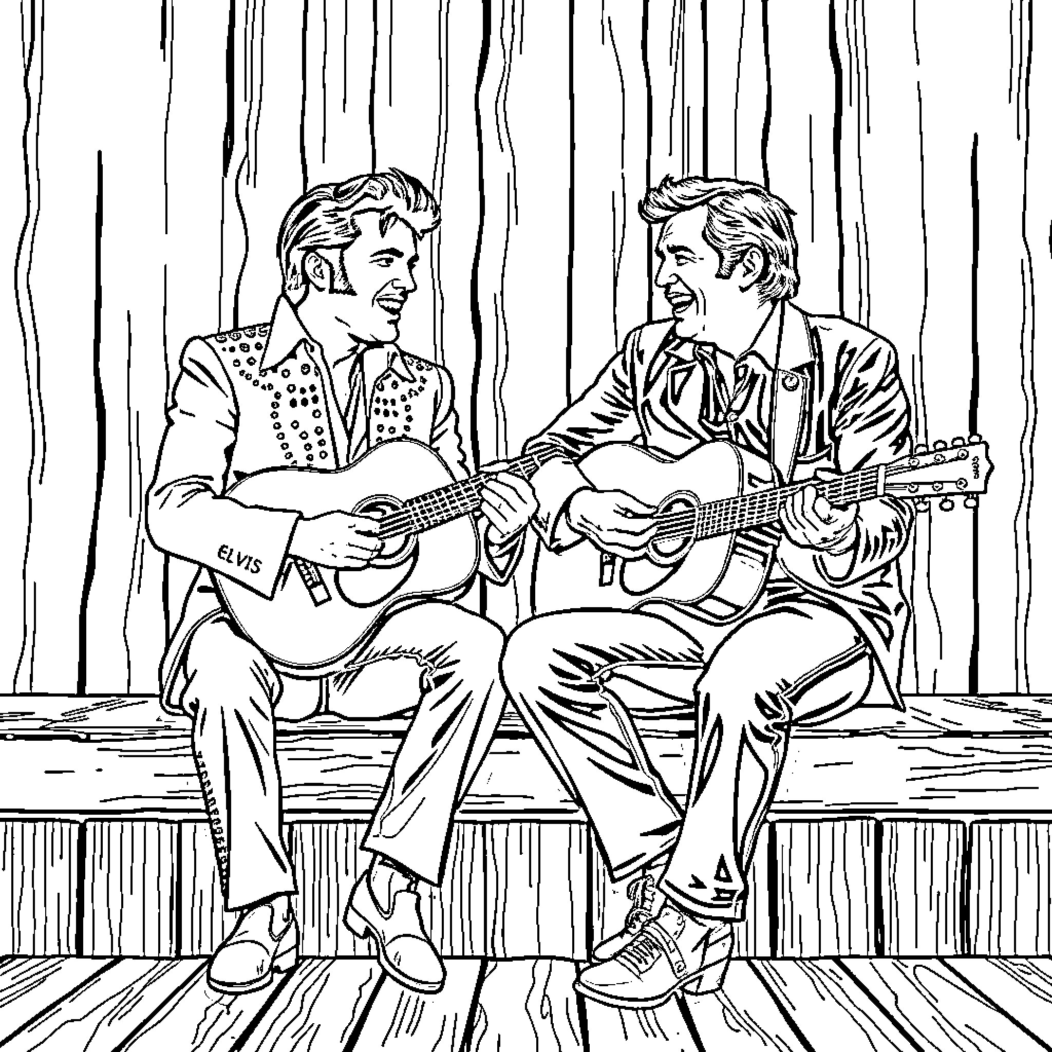 Elvis Presley Performing Together With Guitarist Coloring Page (free black-and-white line drawing printable PDF for all, from beginners to advanced learners, including children, teens, adults, and seniors)