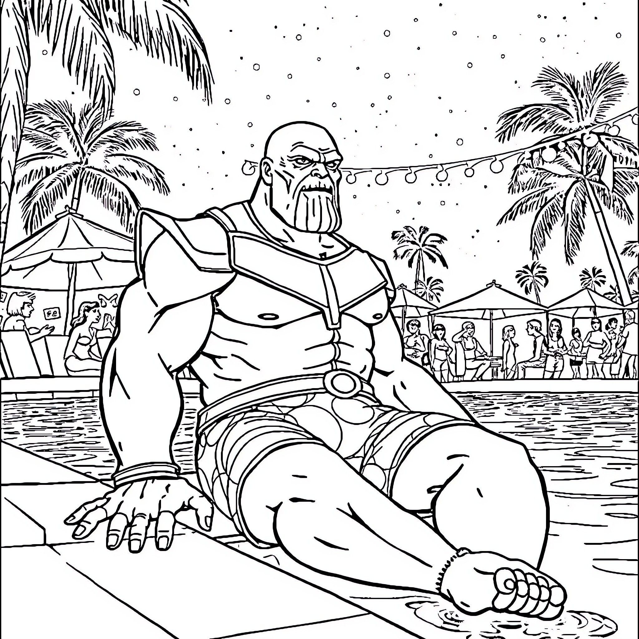 Thanos relaxing by the pool on a tropical beach Coloring Page (free black-and-white line drawing printable PDF for all, from beginners to advanced learners, including children, teens, adults, and seniors)