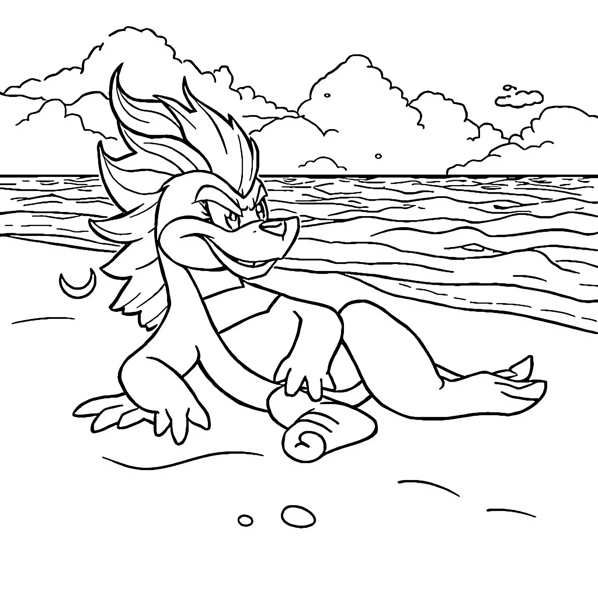 Blaziken enjoying the beach on a stormy day Coloring Page (free black-and-white line drawing printable PDF for all, from beginners to advanced learners, including children, teens, adults, and seniors)
