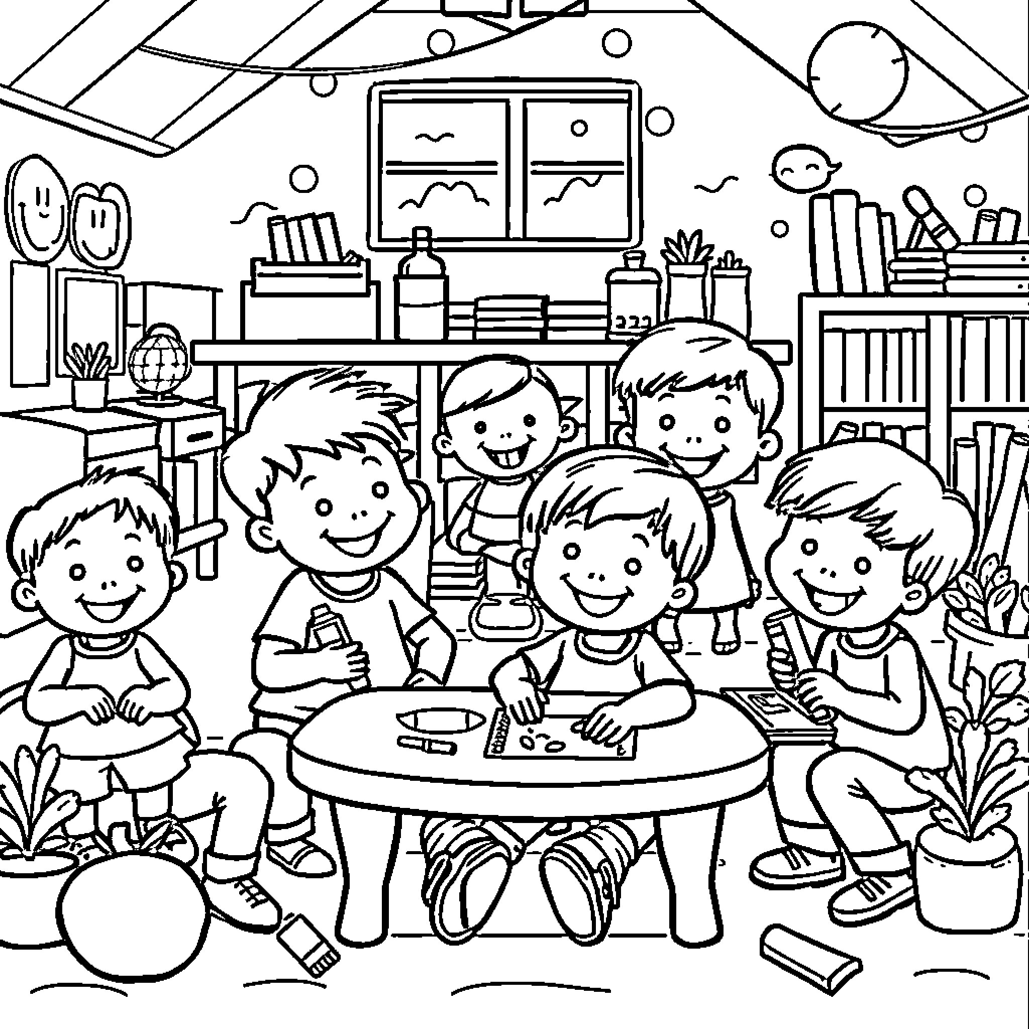 Kindergarten children studying and playing together Coloring Page (free black-and-white line drawing printable PDF for all, from beginners to advanced learners, including children, teens, adults, and seniors)