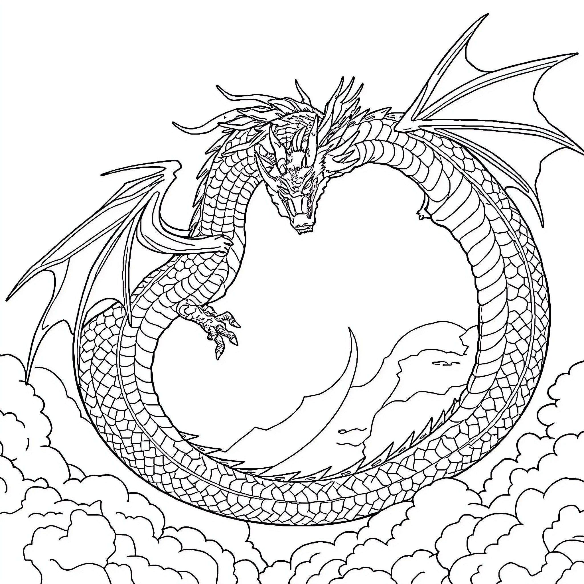 Dragon soaring through the cloudy skies Coloring Page (free black-and-white line drawing printable PDF for all, from beginners to advanced learners, including children, teens, adults, and seniors)