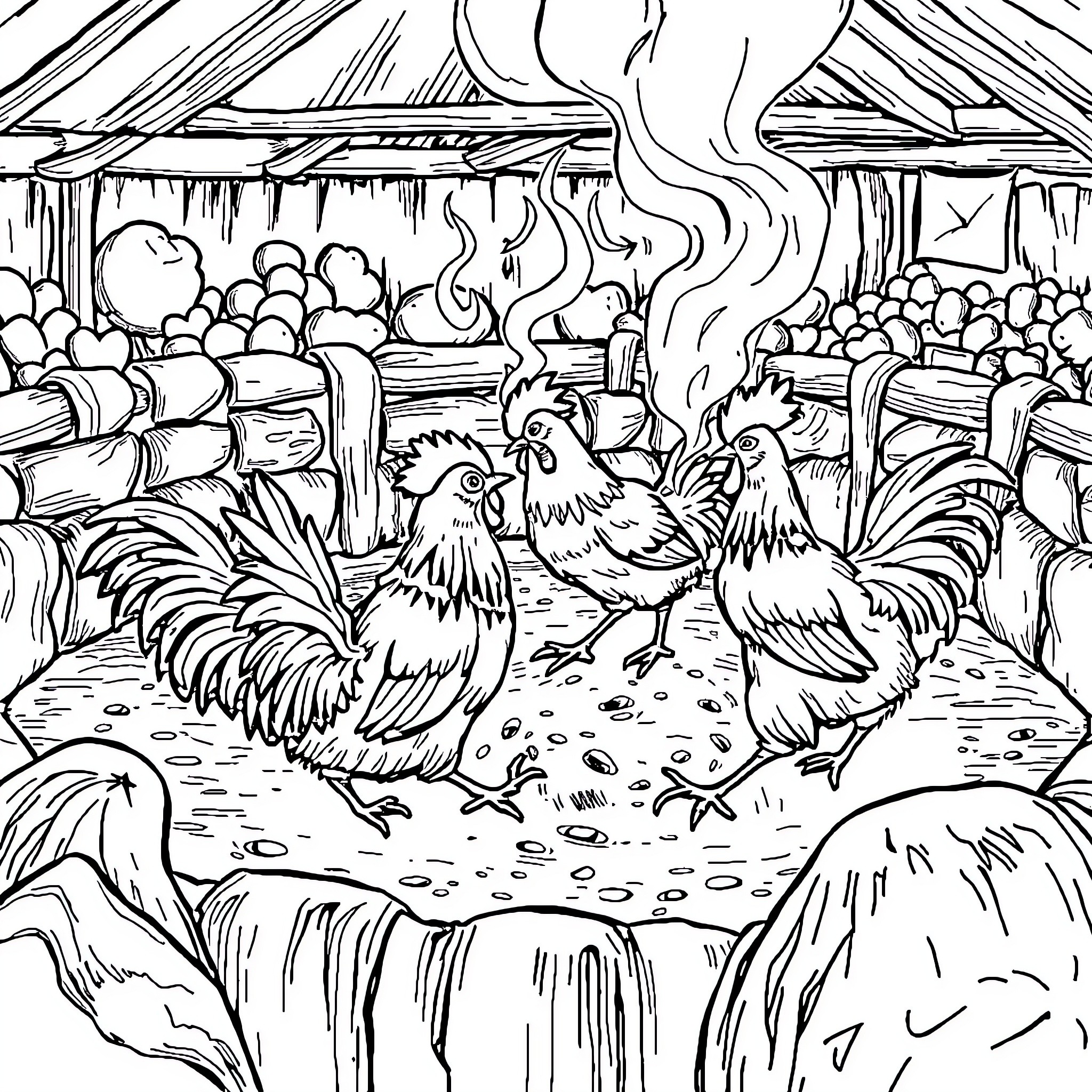 Chicken Gathering in a Rustic Farmyard Coloring Page (free black-and-white line drawing printable PDF for all, from beginners to advanced learners, including children, teens, adults, and seniors)