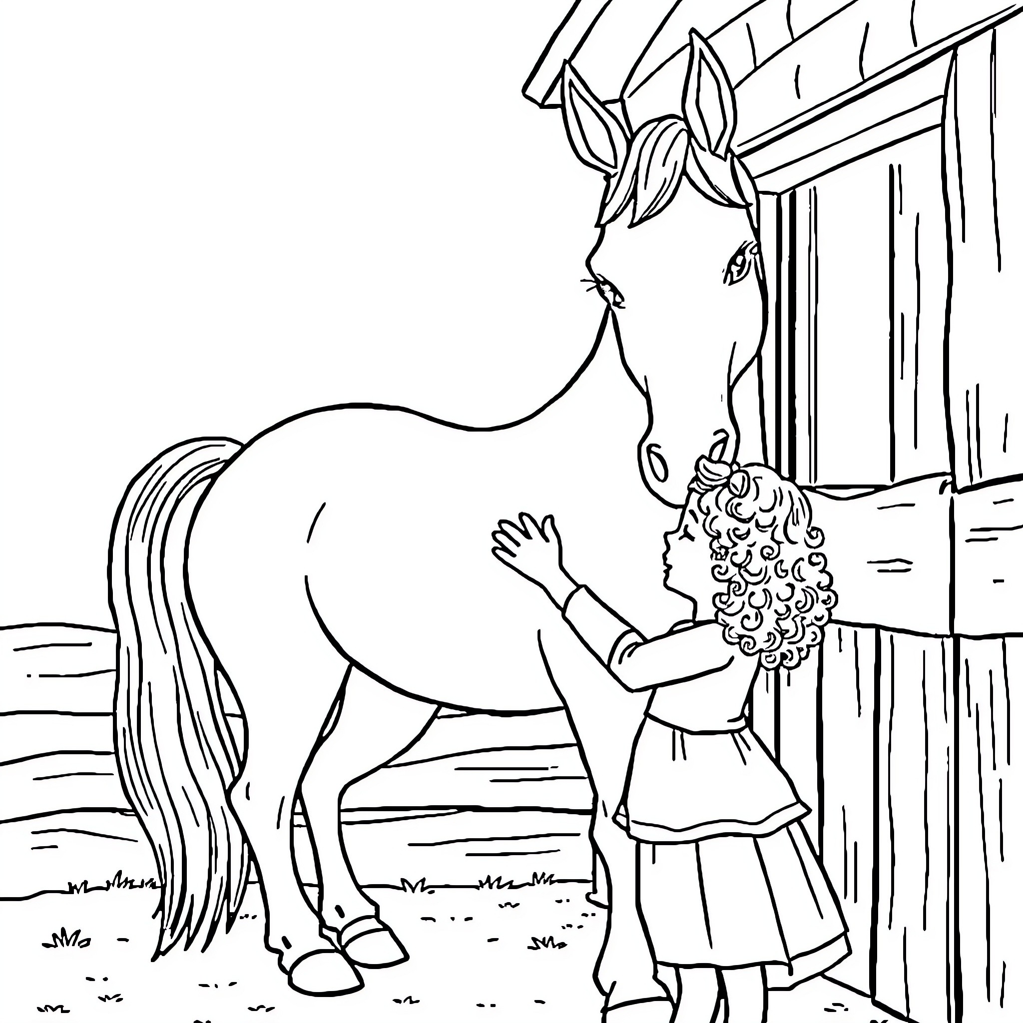 Horse and girl at the barn Coloring Page (free black-and-white line drawing printable PDF for all, from beginners to advanced learners, including children, teens, adults, and seniors)