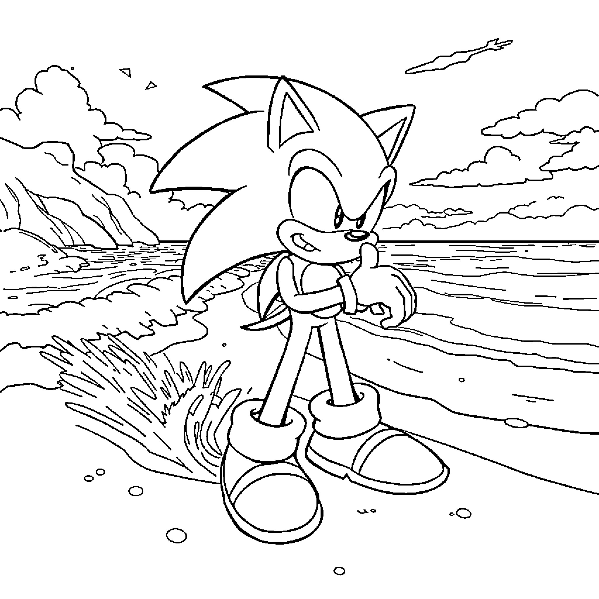 Sonic running along the beachfront Coloring Page (free black-and-white line drawing printable PDF for all, from beginners to advanced learners, including children, teens, adults, and seniors)