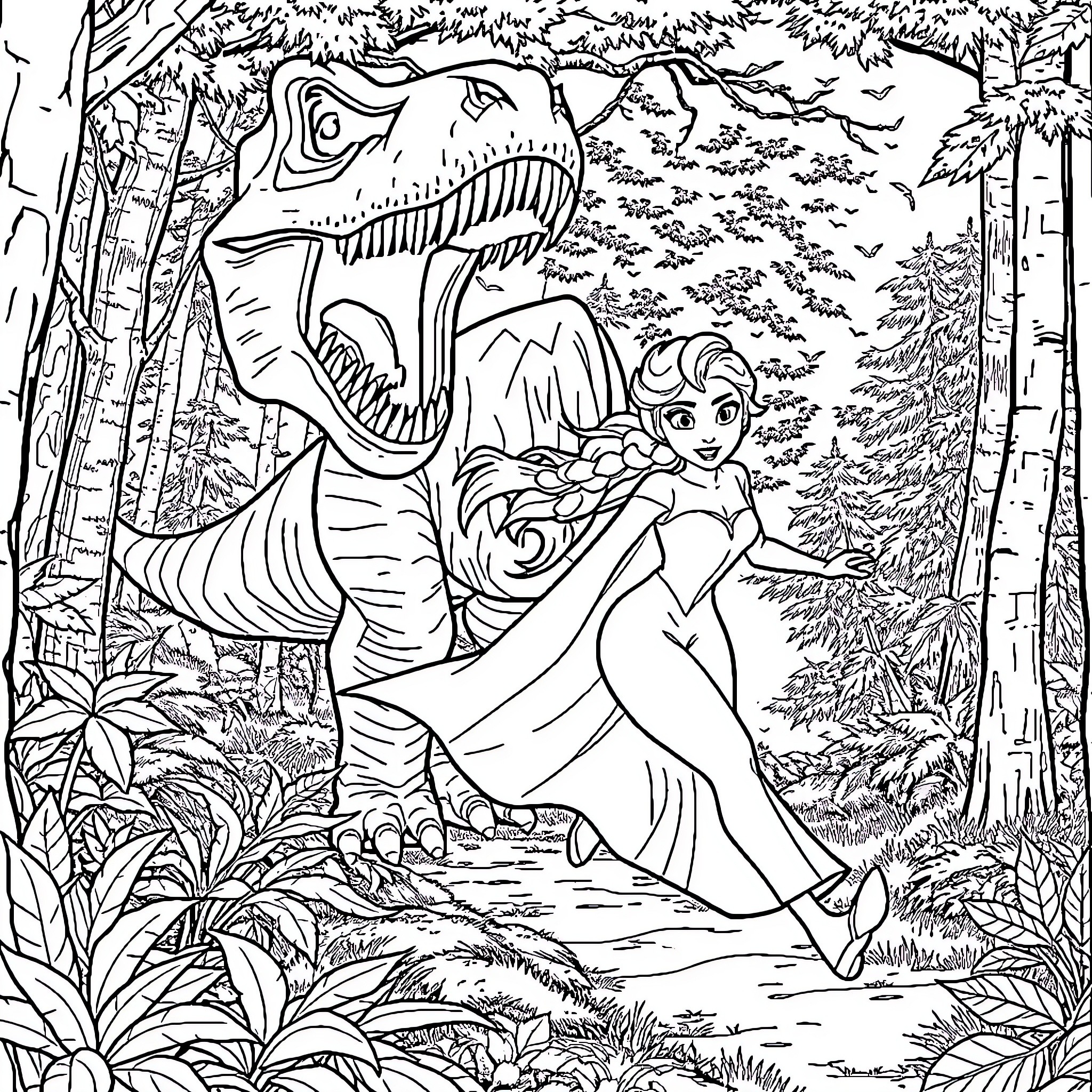 Elsa's Encounter with a Prehistoric Dinosaur in the Enchanted Forest Coloring Page (free black-and-white line drawing printable PDF for all, from beginners to advanced learners, including children, teens, adults, and seniors)