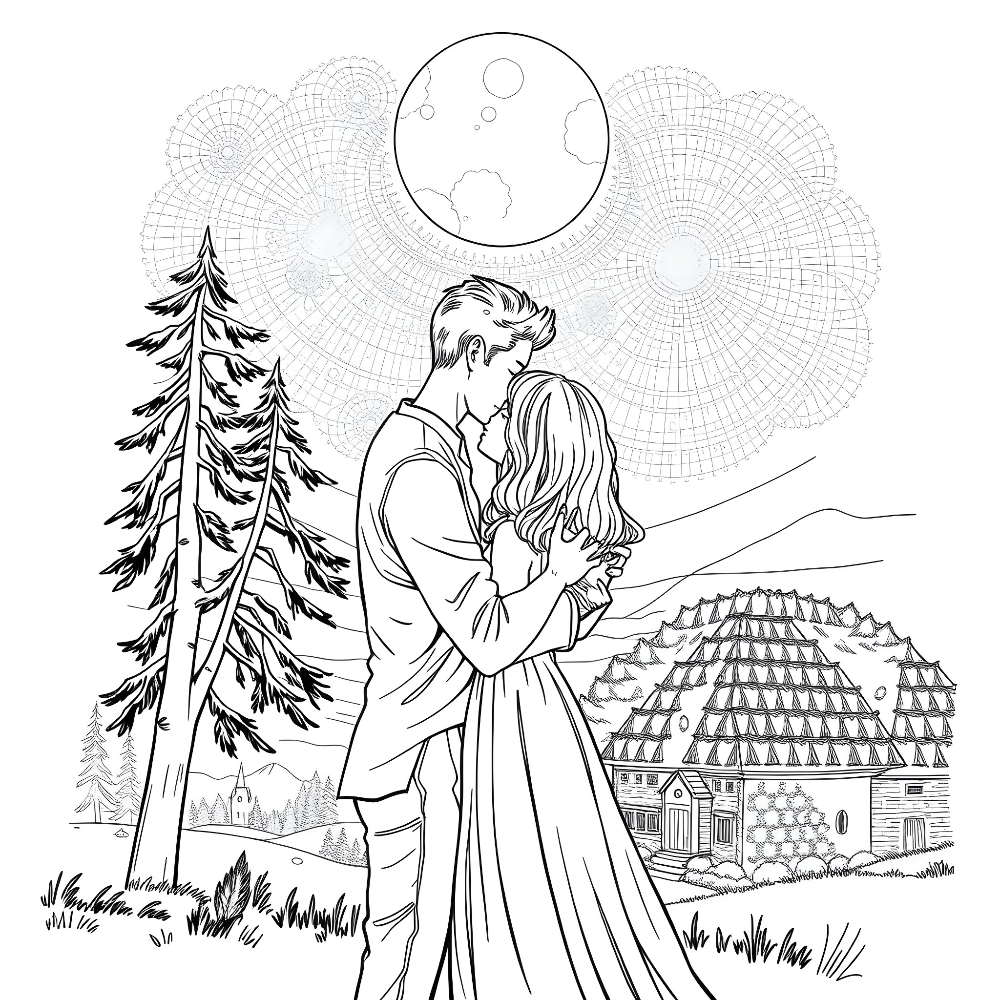 Love Under the Starry Sky Coloring Page (free black-and-white line drawing printable PDF for all, from beginners to advanced learners, including children, teens, adults, and seniors)
