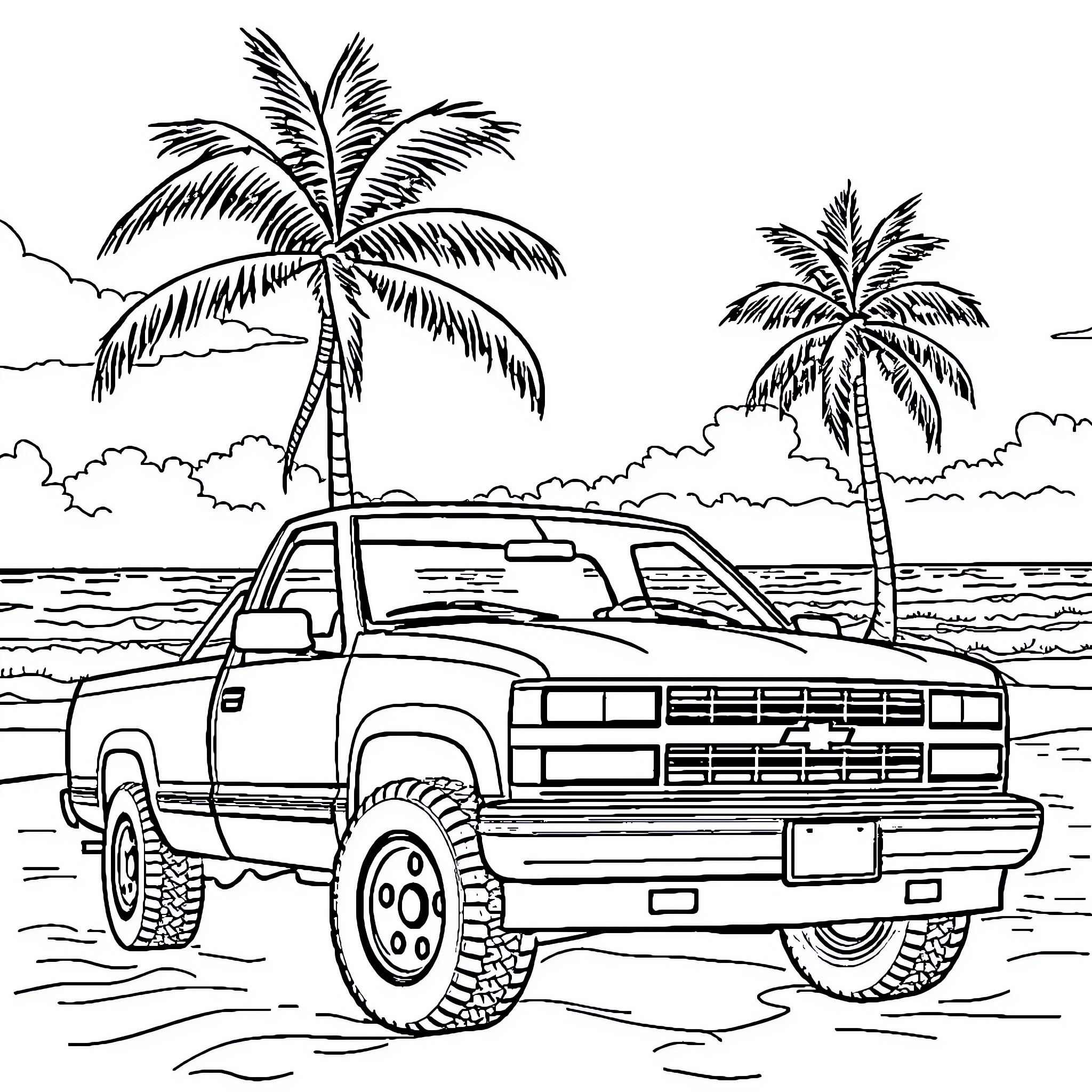 Chevy truck parked on tropical beach with palm trees Coloring Page (free black-and-white line drawing printable PDF for all, from beginners to advanced learners, including children, teens, adults, and seniors)