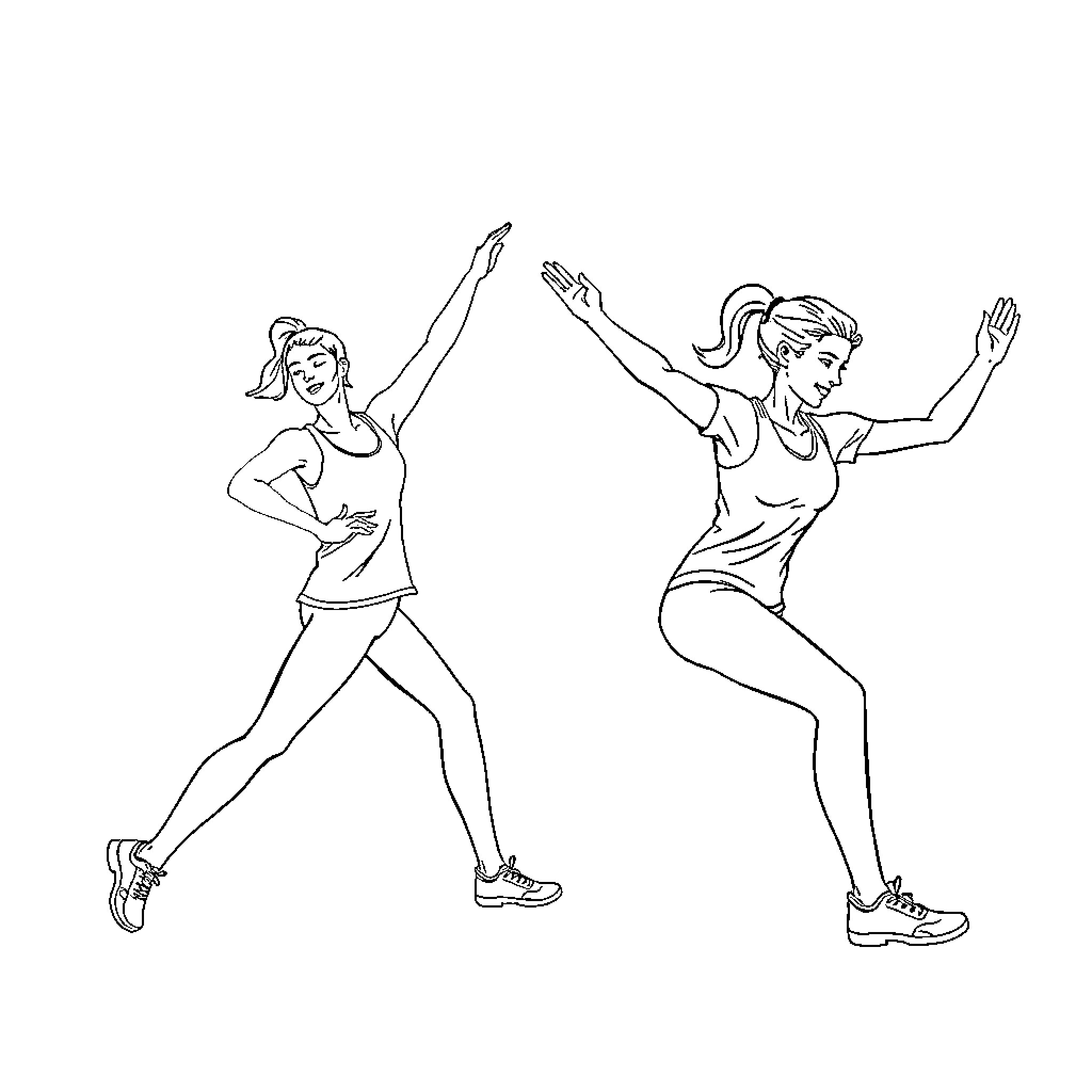 Fitness Enthusiasts Exercising Energetically Coloring Page (free black-and-white line drawing printable PDF for all, from beginners to advanced learners, including children, teens, adults, and seniors)