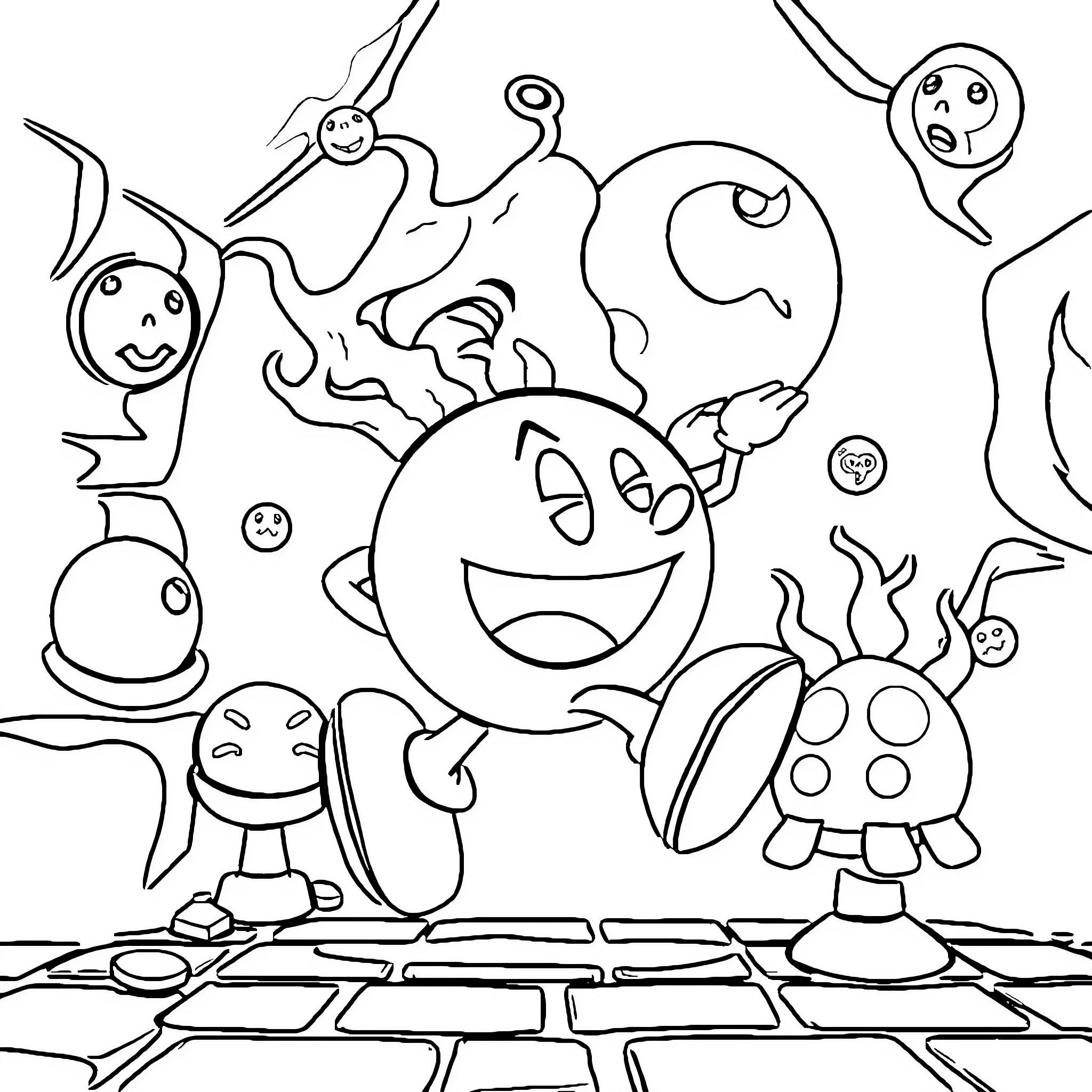 Pacman and his ghostly friends in a playful scene Coloring Page (free black-and-white line drawing printable PDF for all, from beginners to advanced learners, including children, teens, adults, and seniors)