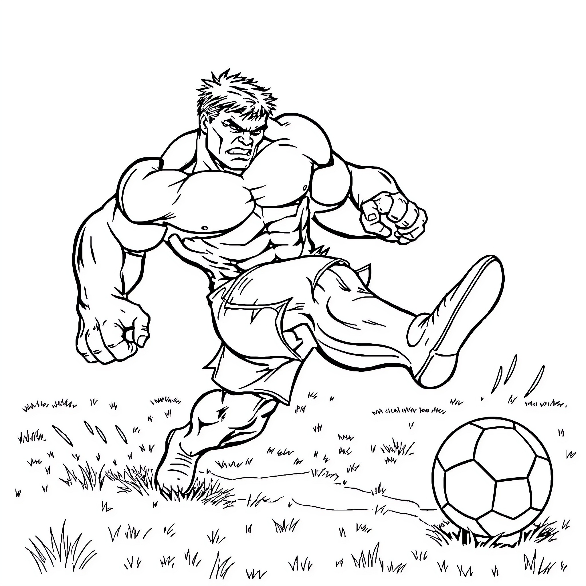 Hulk Smashing Soccer Ball in Outdoor Setting Coloring Page (free black-and-white line drawing printable PDF for all, from beginners to advanced learners, including children, teens, adults, and seniors)