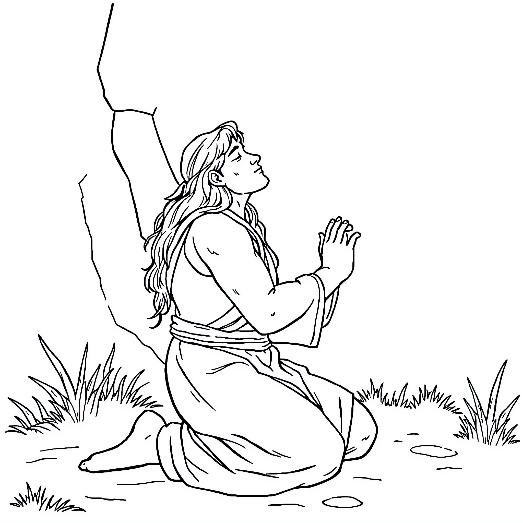 Conan worshiping in a natural setting Coloring Page (free black-and-white line drawing printable PDF for all, from beginners to advanced learners, including children, teens, adults, and seniors)
