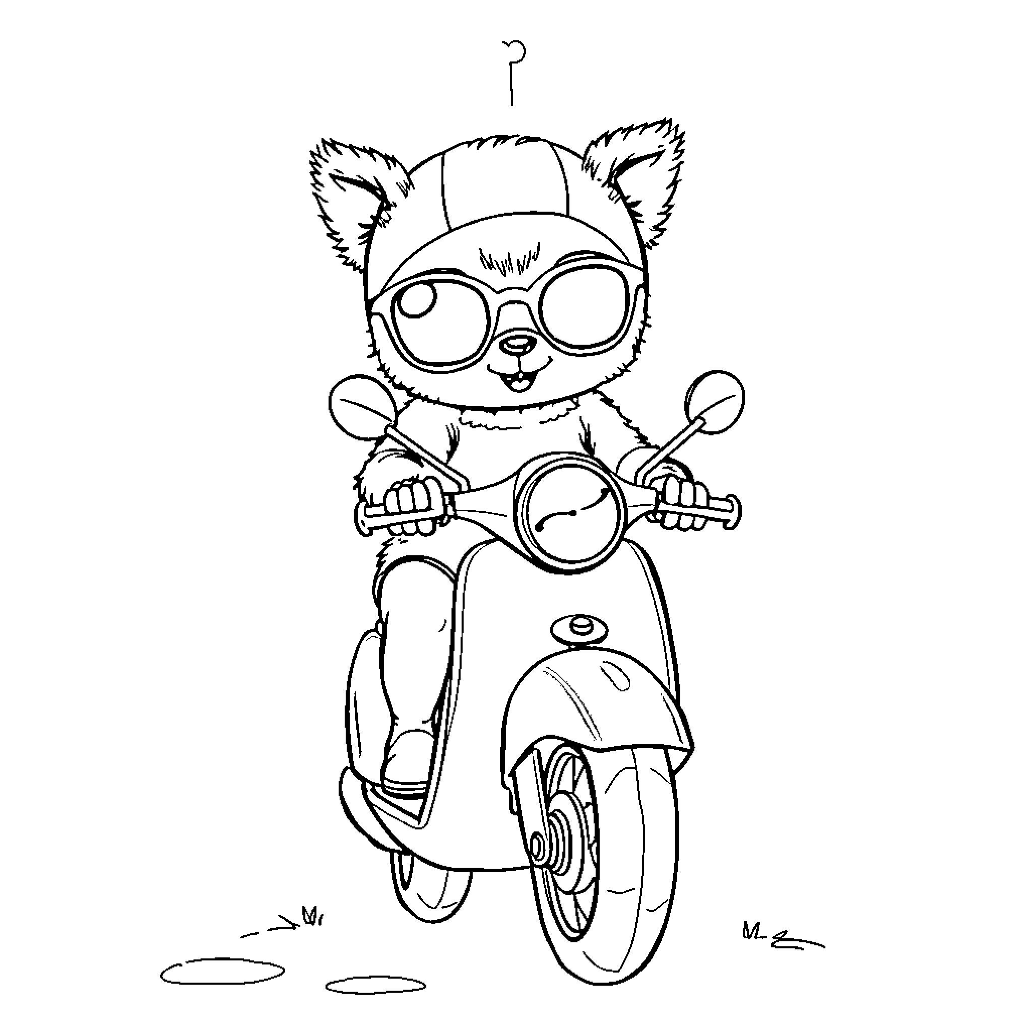 Hedgehog riding a scooter with glasses Coloring Page (free black-and-white line drawing printable PDF for all, from beginners to advanced learners, including children, teens, adults, and seniors)