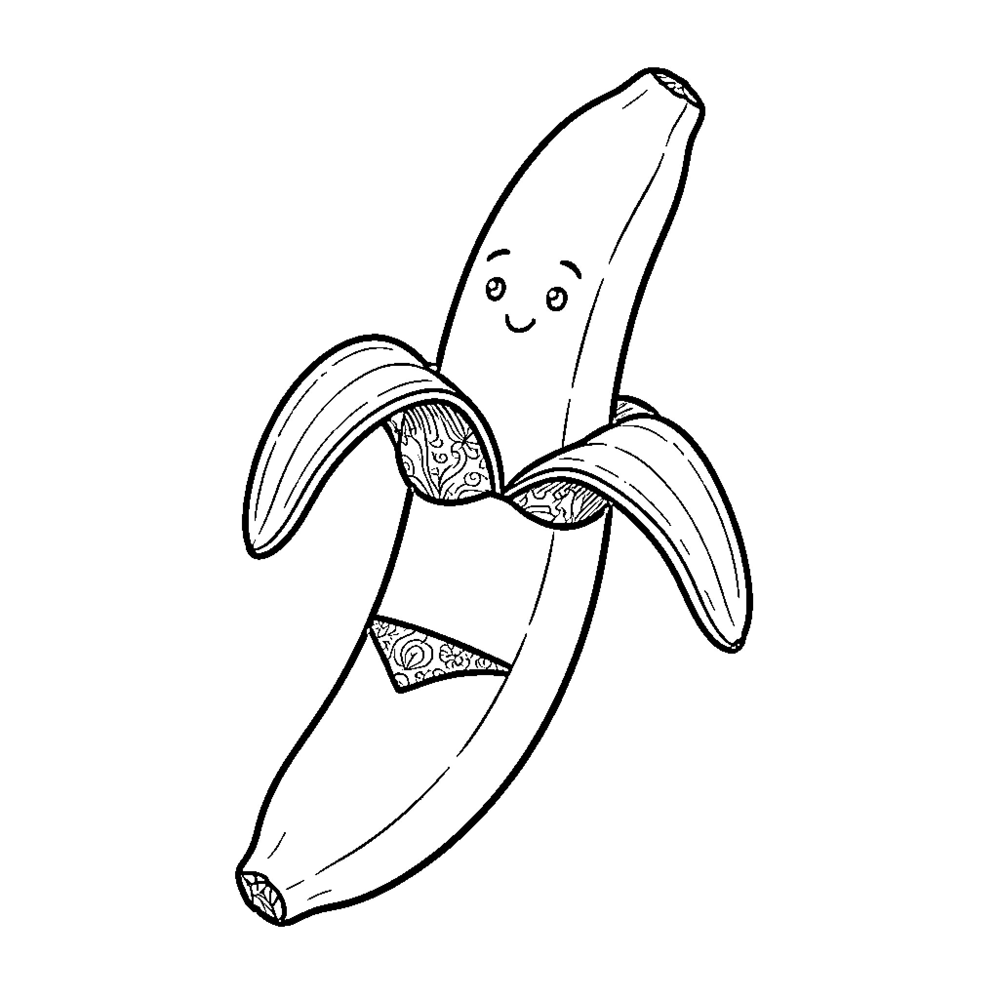 Banana character wearing patterned swimwear and smiling Coloring Page (free black-and-white line drawing printable PDF for all, from beginners to advanced learners, including children, teens, adults, and seniors)