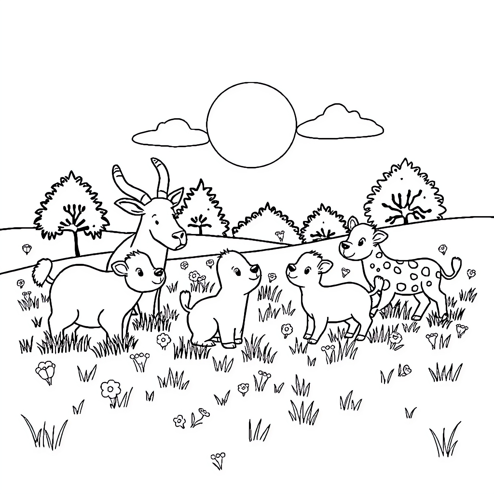 Animal herd grazing in peaceful countryside landscape Coloring Page (free black-and-white line drawing printable PDF for all, from beginners to advanced learners, including children, teens, adults, and seniors)