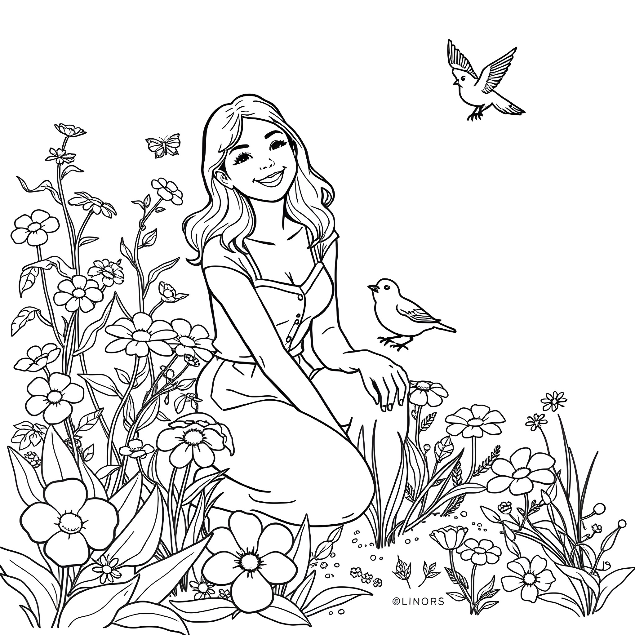 Woman sits amidst blooming flowers and butterflies Coloring Page (free black-and-white line drawing printable PDF for all, from beginners to advanced learners, including children, teens, adults, and seniors)