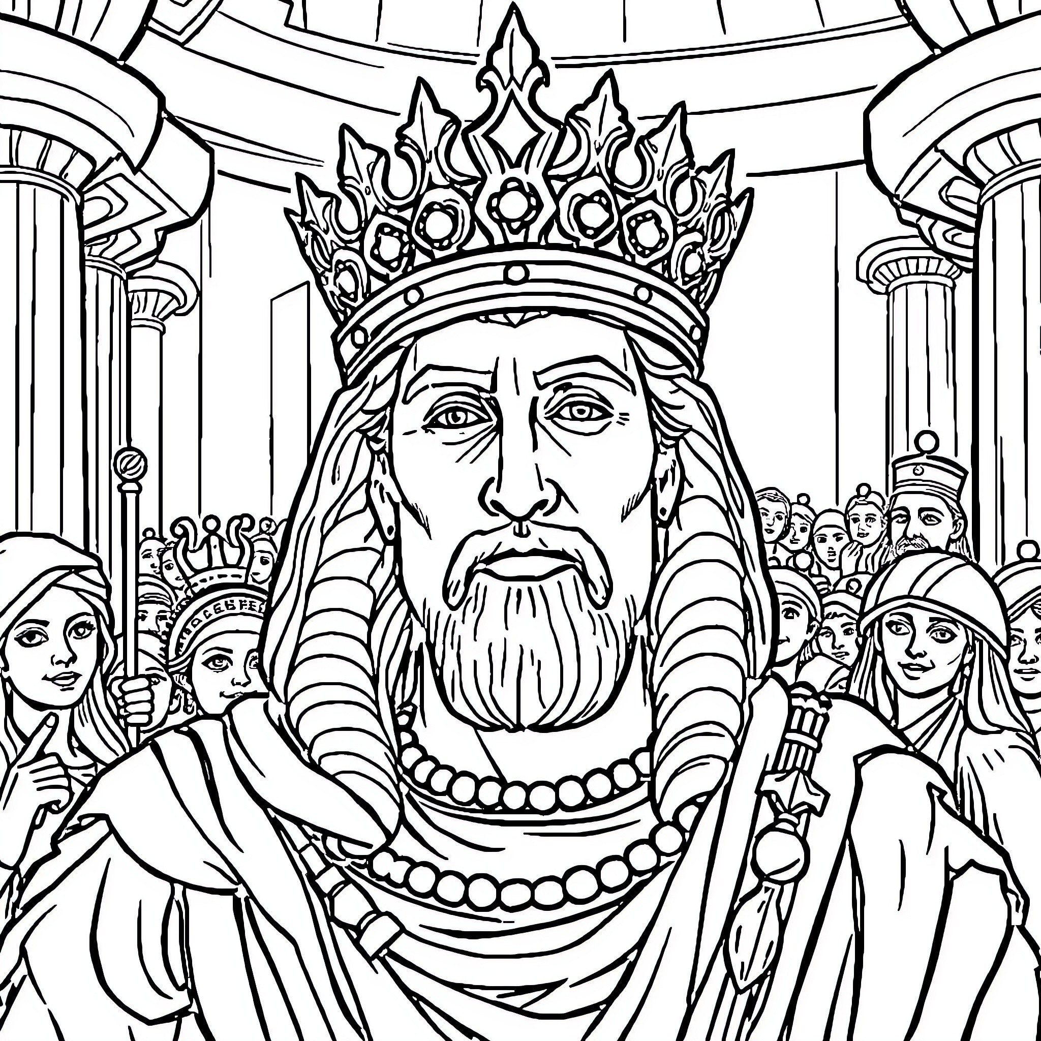 Alexander the Great Adorned in Regal Attire Coloring Page (free black-and-white line drawing printable PDF for all, from beginners to advanced learners, including children, teens, adults, and seniors)