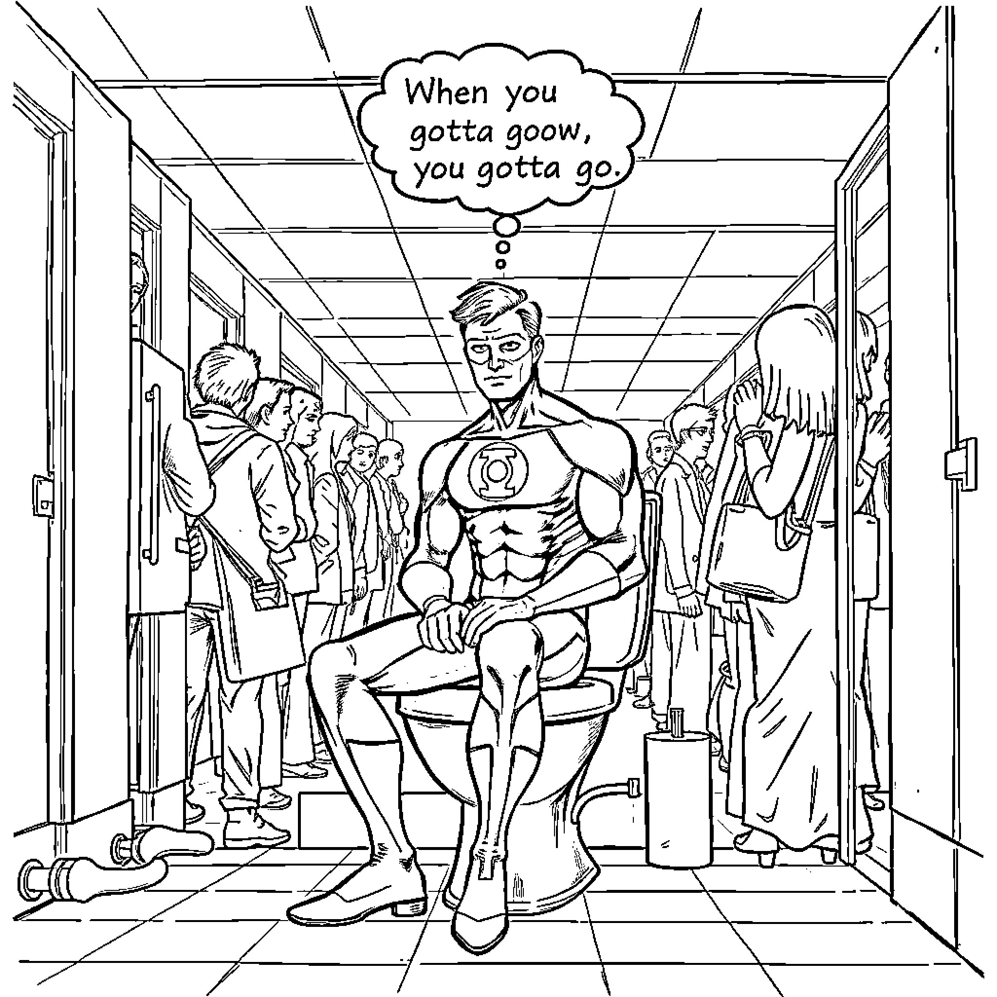 Green Lantern Recounts Heroic Deeds to Adoring Crowd Coloring Page (free black-and-white line drawing printable PDF for all, from beginners to advanced learners, including children, teens, adults, and seniors)