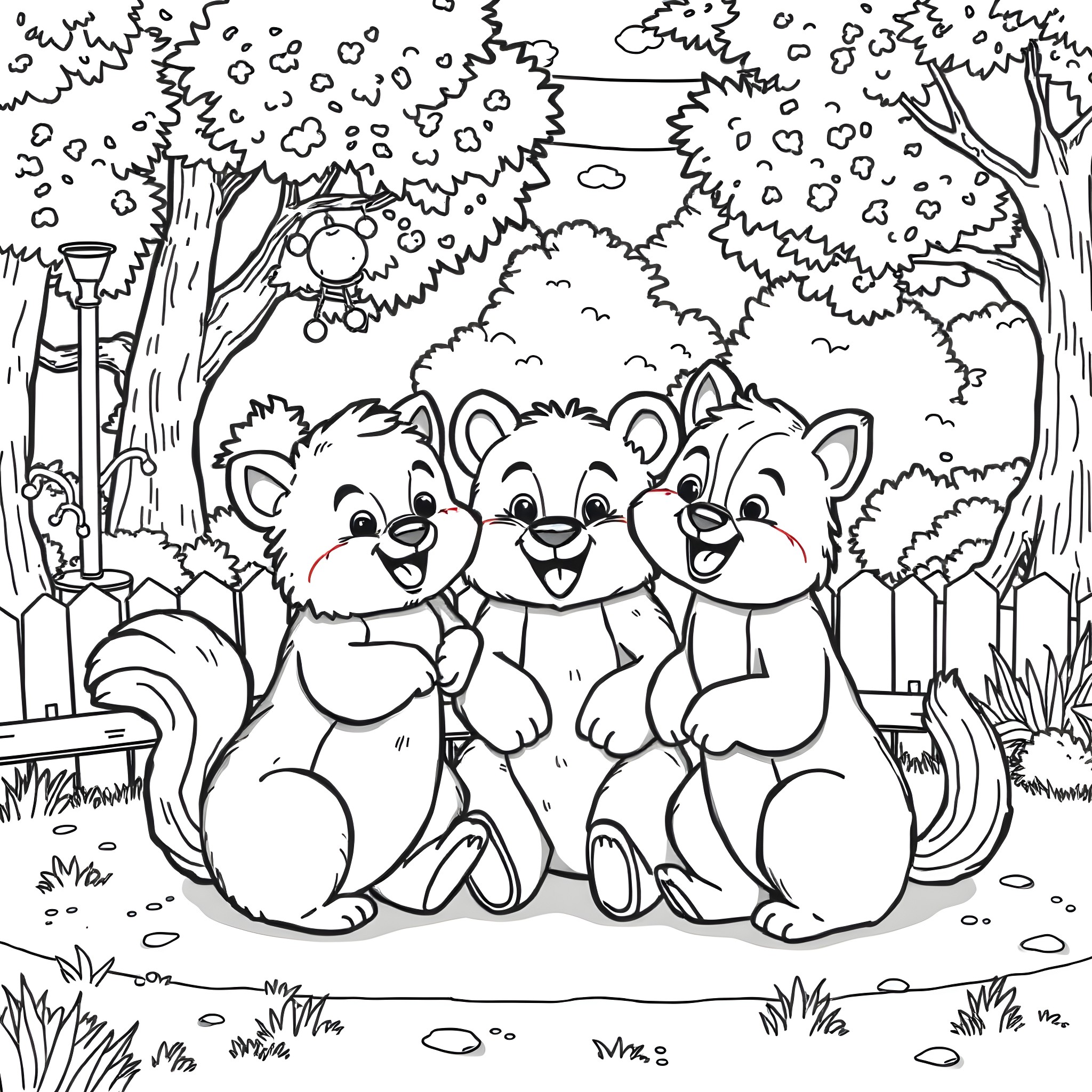 Animal friends enjoying a playful day in the park Coloring Page (free black-and-white line drawing printable PDF for all, from beginners to advanced learners, including children, teens, adults, and seniors)