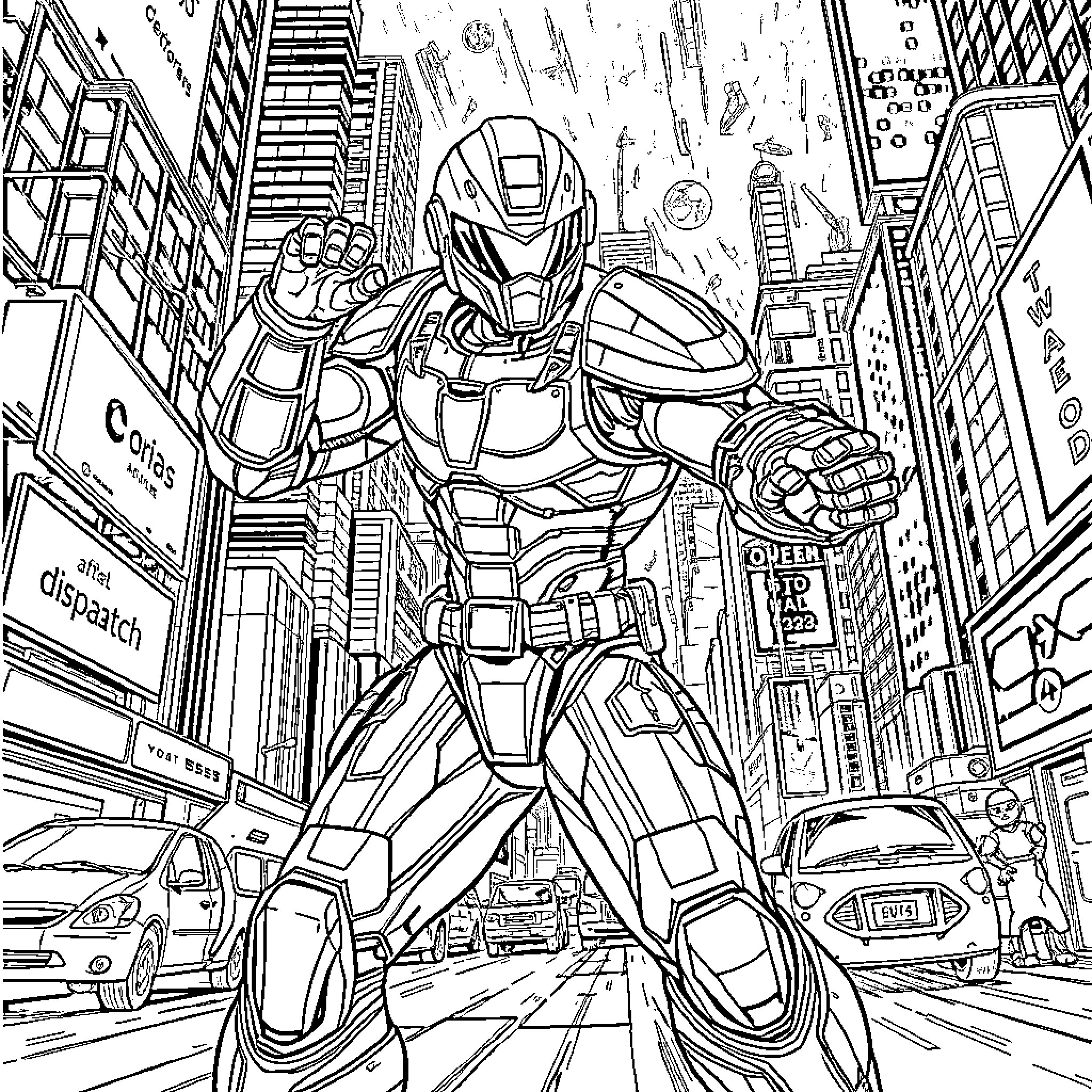 Mechaman in action-packed urban setting Coloring Page (free black-and-white line drawing printable PDF for all, from beginners to advanced learners, including children, teens, adults, and seniors)