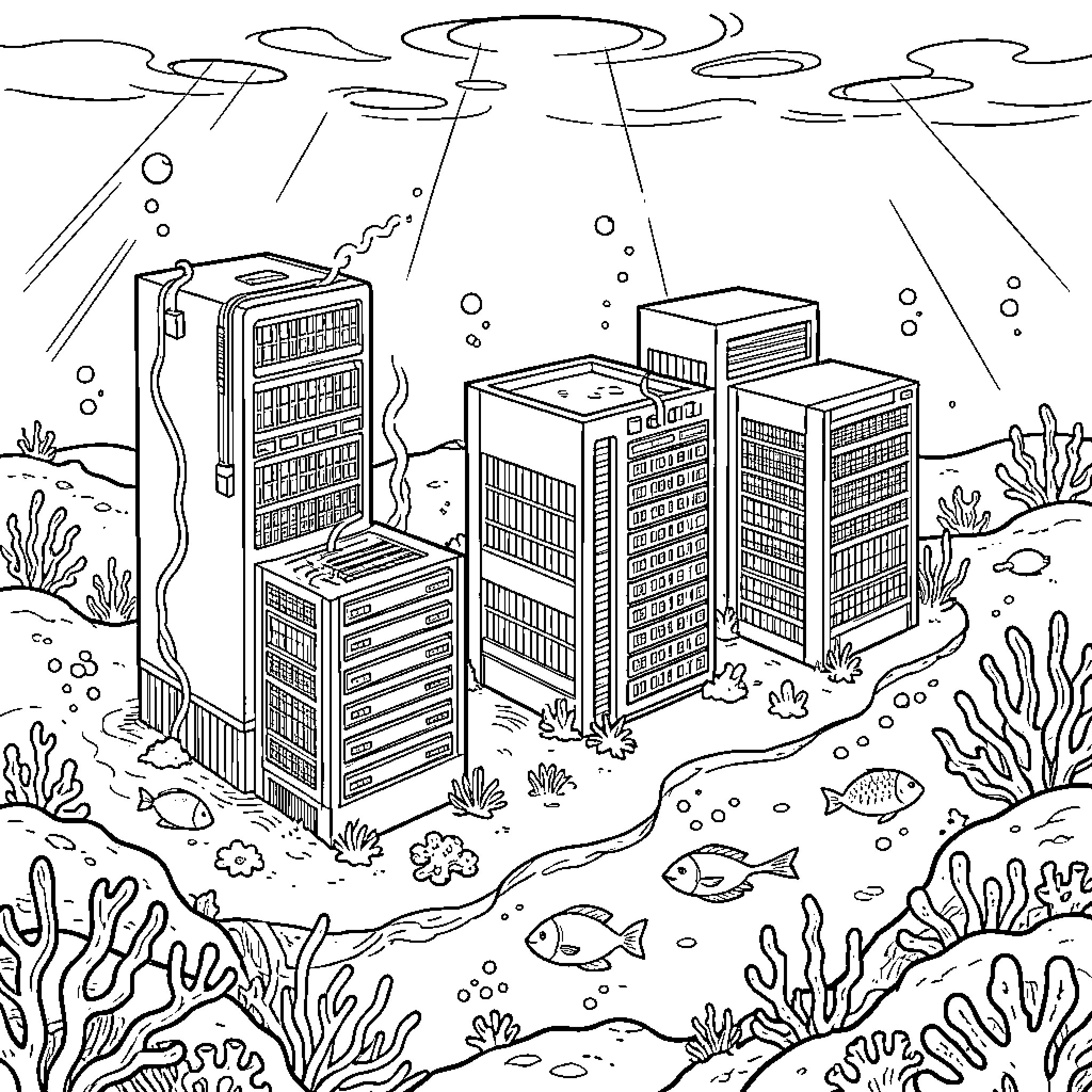 Datacenter structures resting on the ocean floor Coloring Page (free black-and-white line drawing printable PDF for all, from beginners to advanced learners, including children, teens, adults, and seniors)