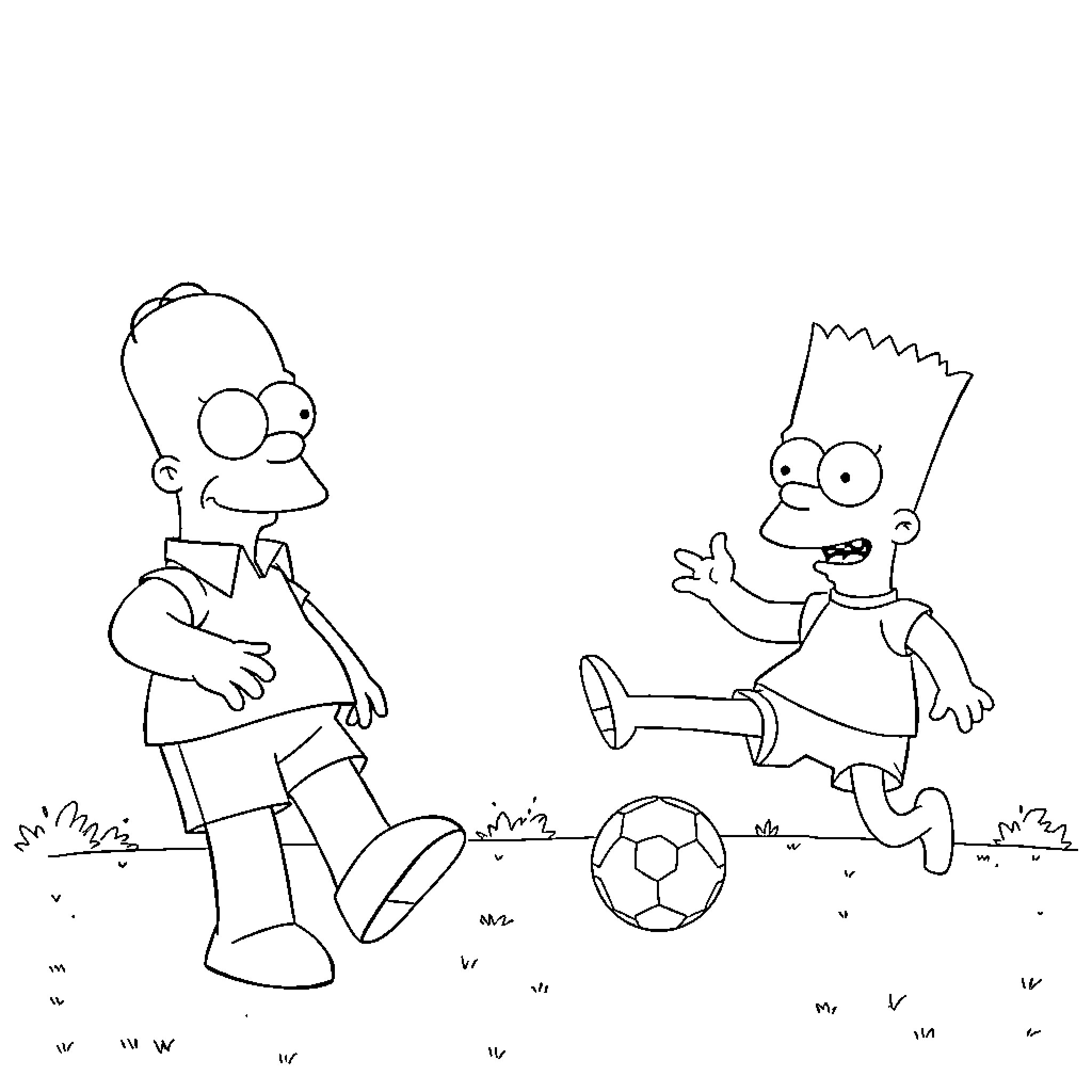 Bart Simpson playing soccer with Homer Simpson Coloring Page (free black-and-white line drawing printable PDF for all, from beginners to advanced learners, including children, teens, adults, and seniors)
