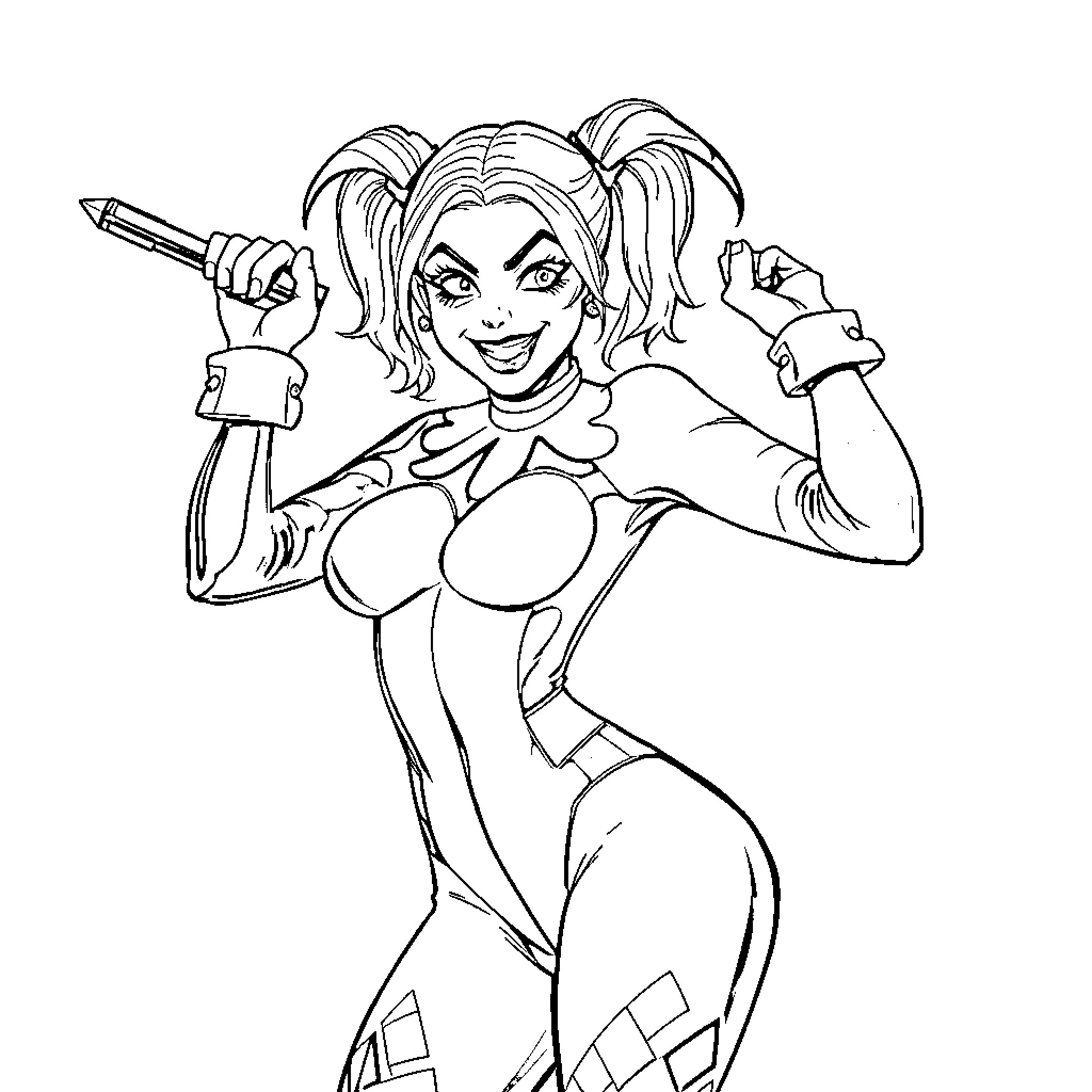 Harley Quinn striking a confident pose with weapon Coloring Page (free black-and-white line drawing printable PDF for all, from beginners to advanced learners, including children, teens, adults, and seniors)