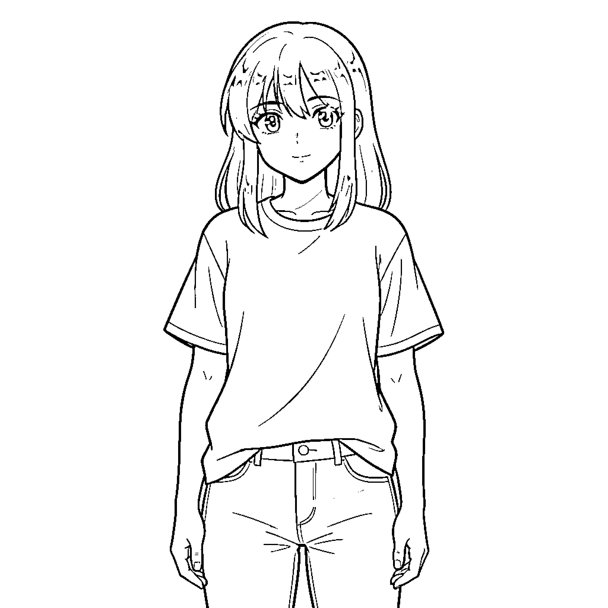 Anime Girl standing calmly in casual t-shirt and jeans Coloring Page (free black-and-white line drawing printable PDF for all, from beginners to advanced learners, including children, teens, adults, and seniors)