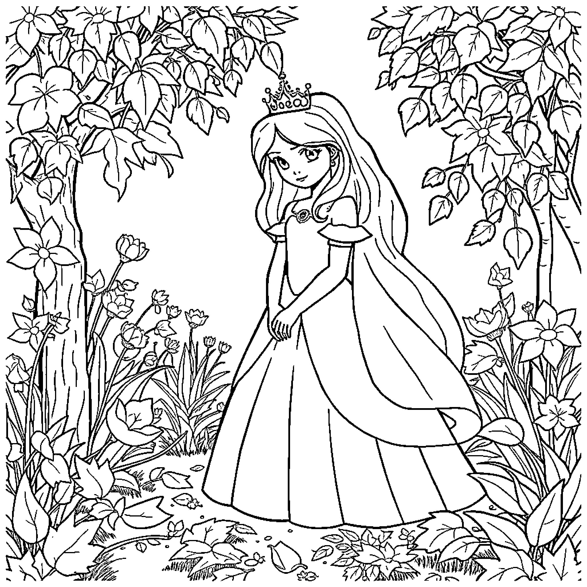 Princess in a magical floral garden Coloring Page (free black-and-white line drawing printable PDF for all, from beginners to advanced learners, including children, teens, adults, and seniors)