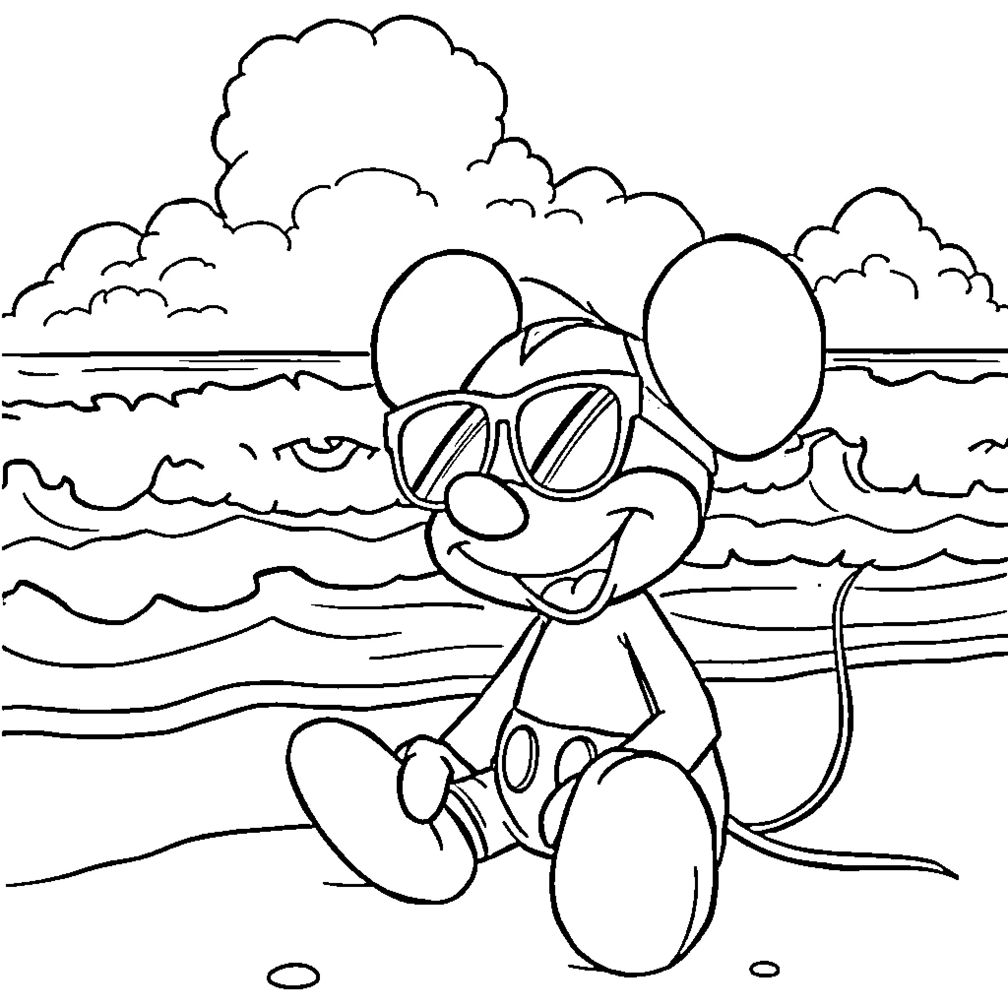 Mickey Mouse playing joyfully on the beach Coloring Page (free black-and-white line drawing printable PDF for all, from beginners to advanced learners, including children, teens, adults, and seniors)