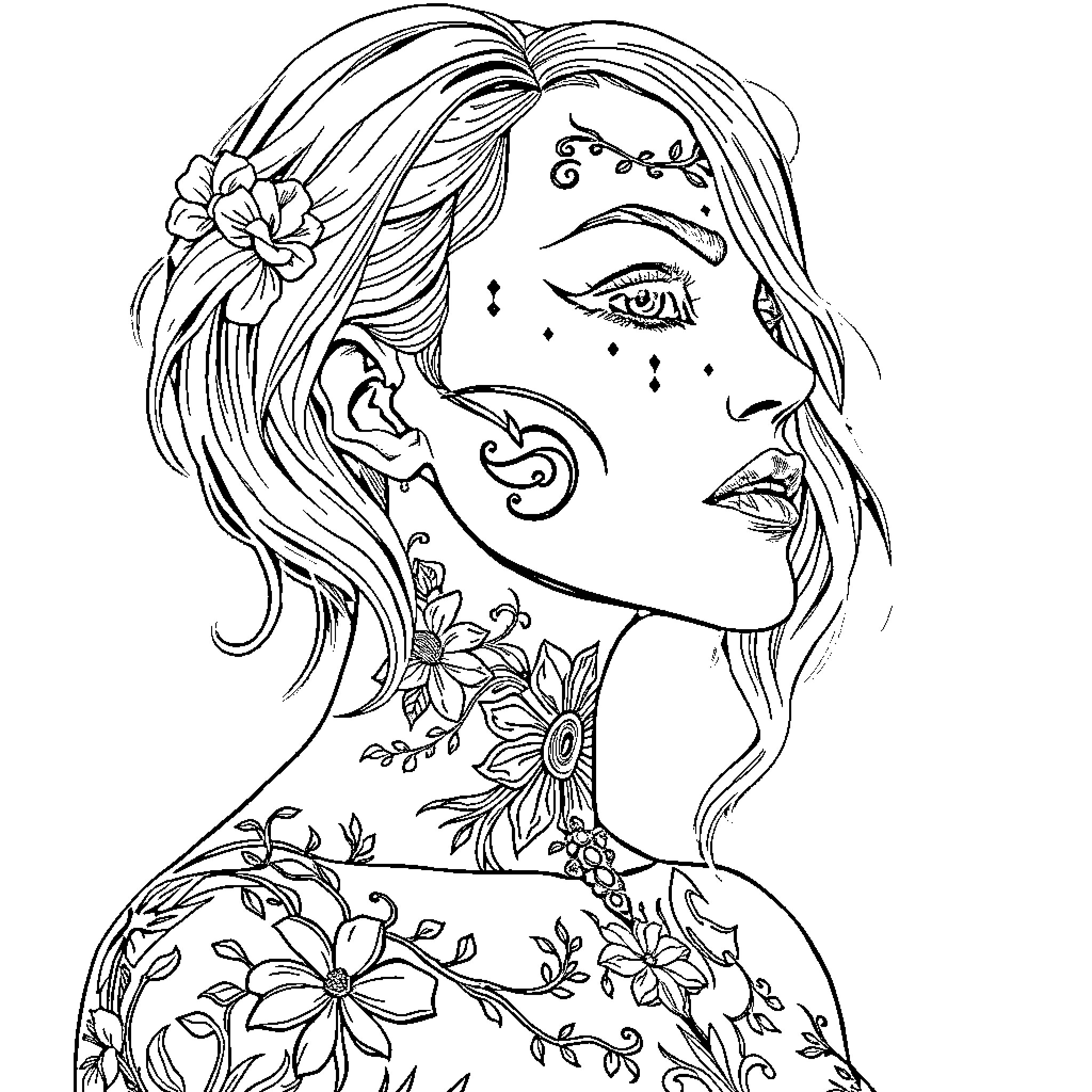 Snow White with Floral Designs and Expressions Coloring Page (free black-and-white line drawing printable PDF for all, from beginners to advanced learners, including children, teens, adults, and seniors)