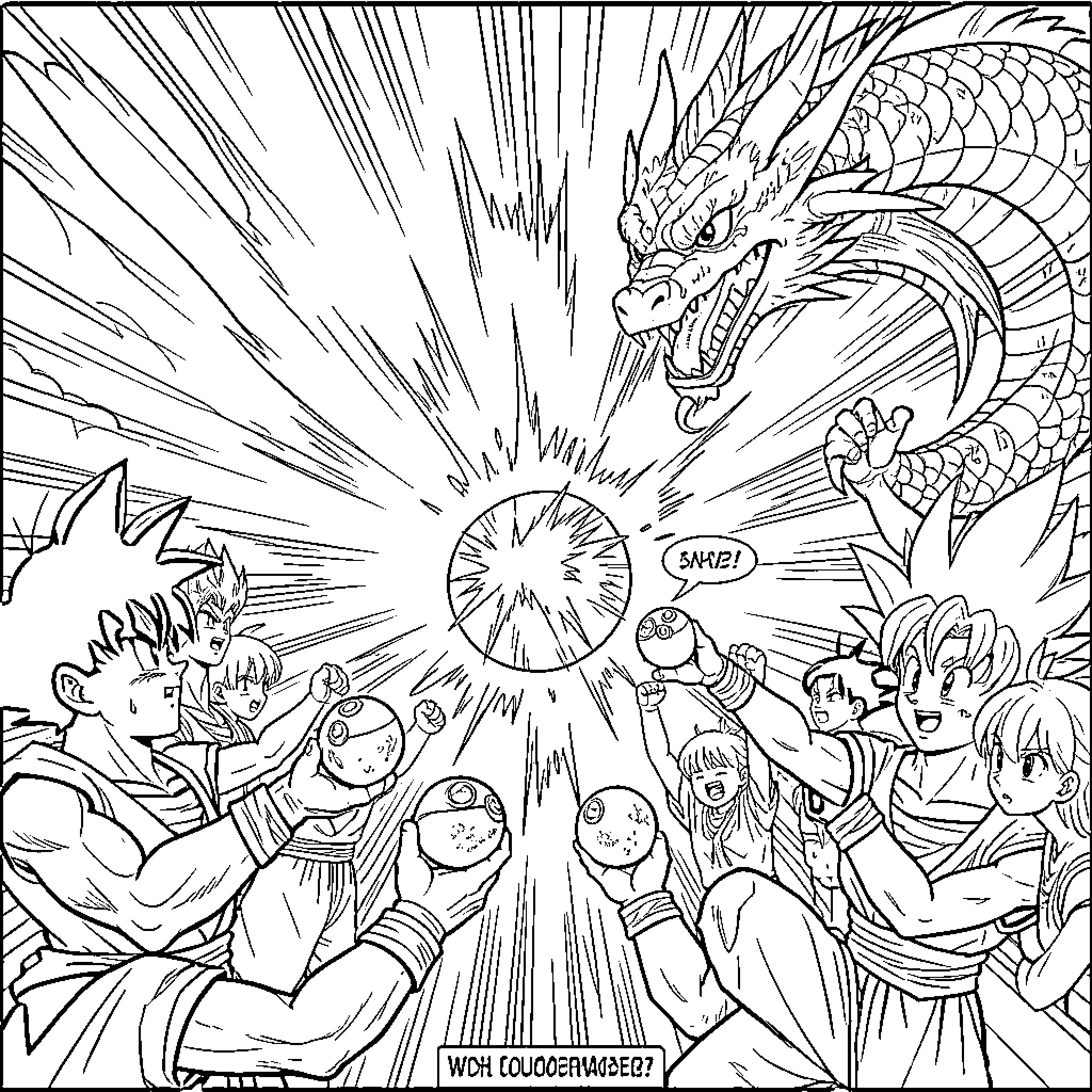 Dragon appearing as characters hold mystical spheres Coloring Page (free black-and-white line drawing printable PDF for all, from beginners to advanced learners, including children, teens, adults, and seniors)