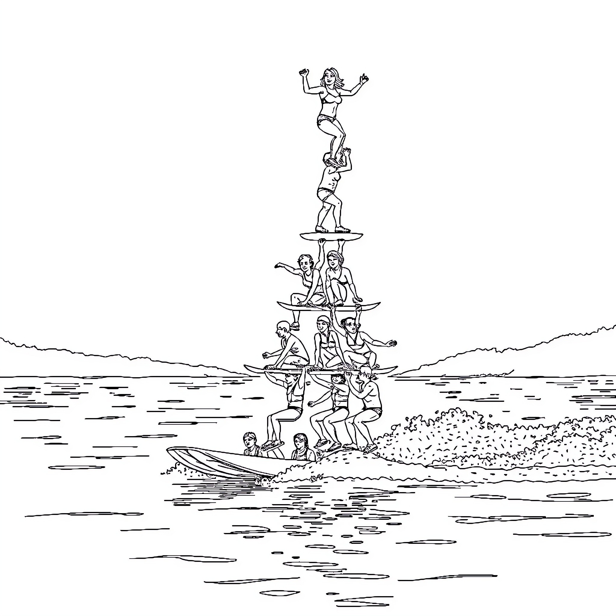 Waterski human pyramid on the lake Coloring Page (free black-and-white line drawing printable PDF for all, from beginners to advanced learners, including children, teens, adults, and seniors)