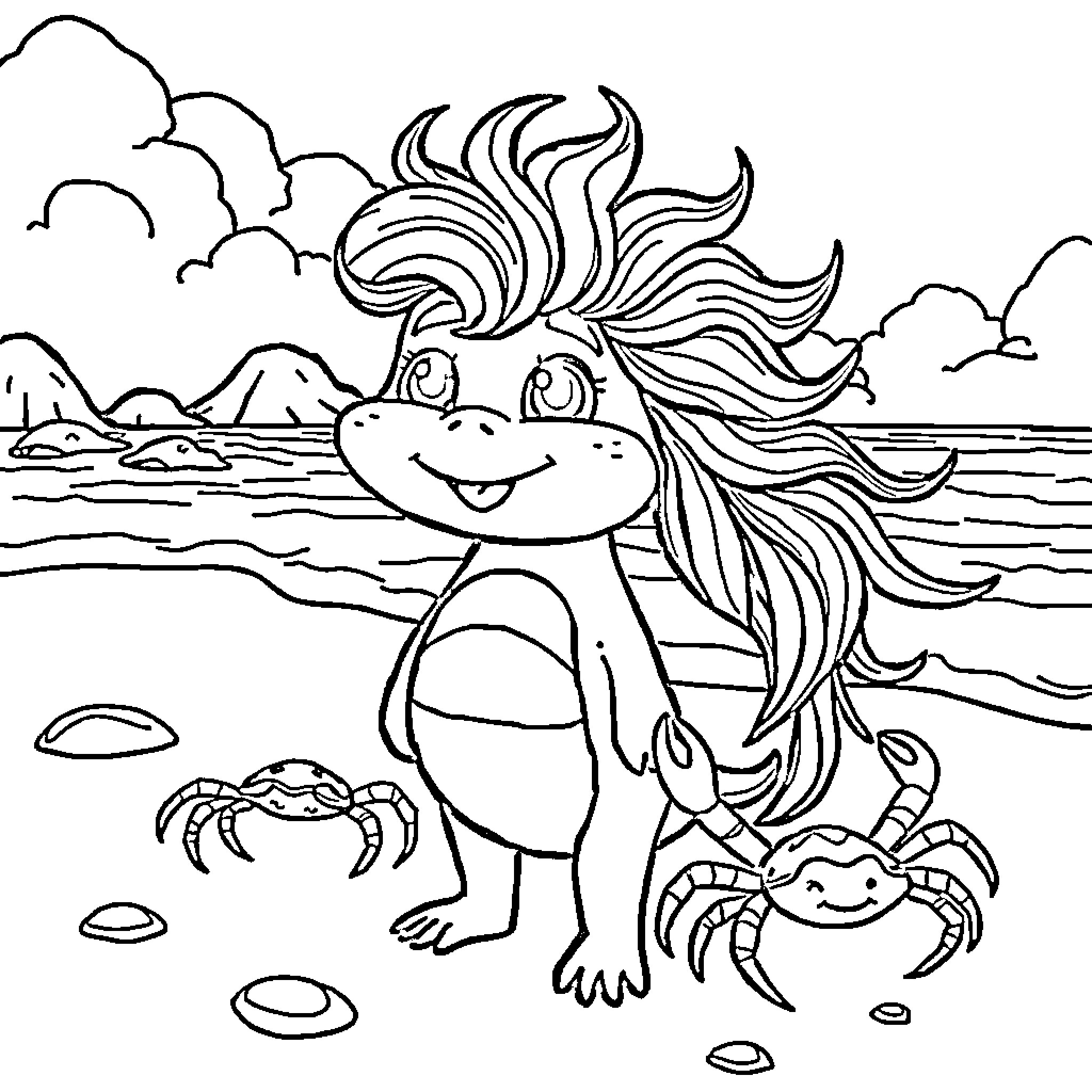 Crab and Smiling Sea Creature on the Beach Coloring Page (free black-and-white line drawing printable PDF for all, from beginners to advanced learners, including children, teens, adults, and seniors)