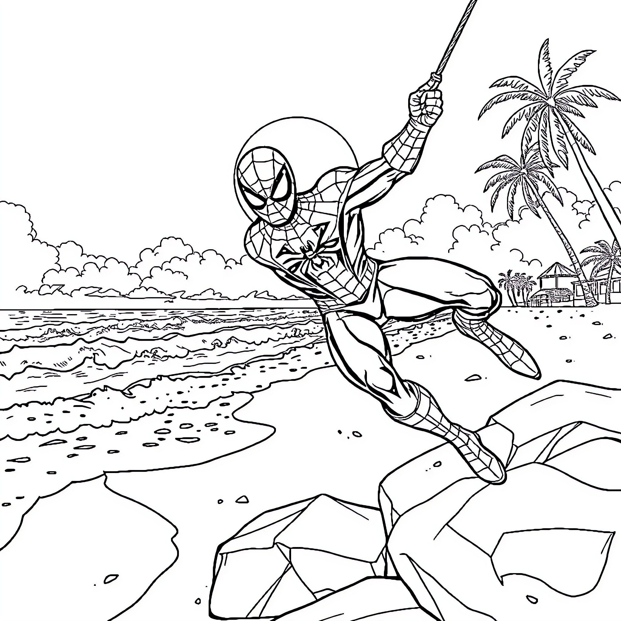 Spiderman leaping into action on a tropical beach Coloring Page (free black-and-white line drawing printable PDF for all, from beginners to advanced learners, including children, teens, adults, and seniors)