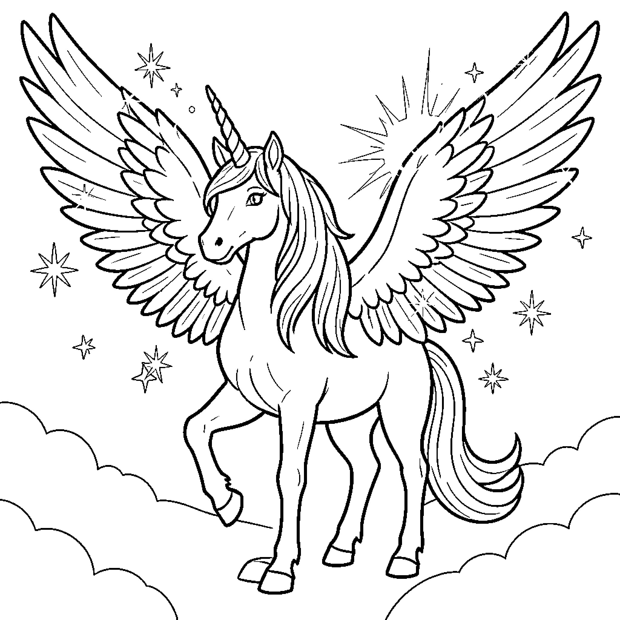 Unicorn with Majestic Wings in Starry Sky Coloring Page (free black-and-white line drawing printable PDF for all, from beginners to advanced learners, including children, teens, adults, and seniors)