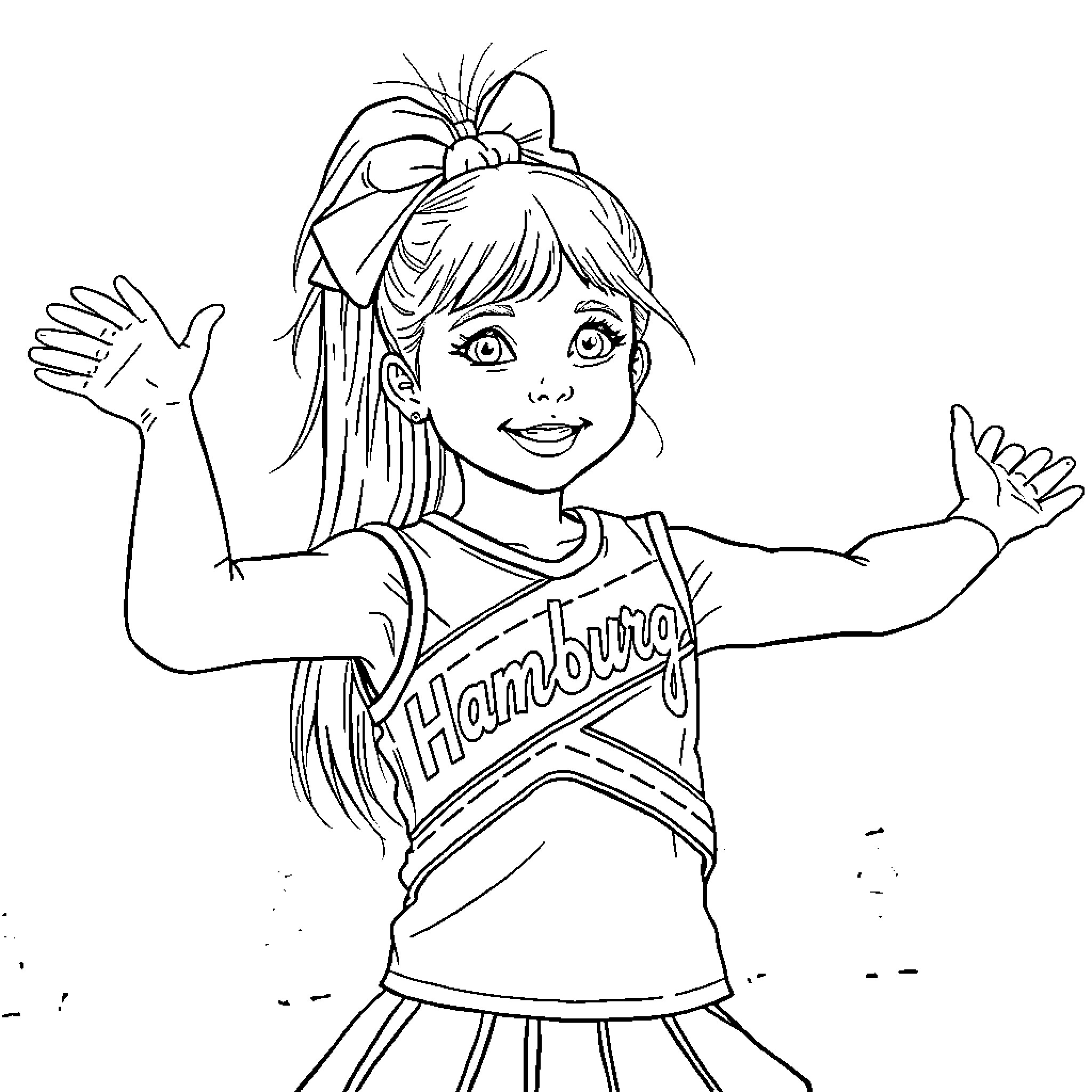 Girl cheerfully waving with a happy expression Coloring Page (free black-and-white line drawing printable PDF for all, from beginners to advanced learners, including children, teens, adults, and seniors)