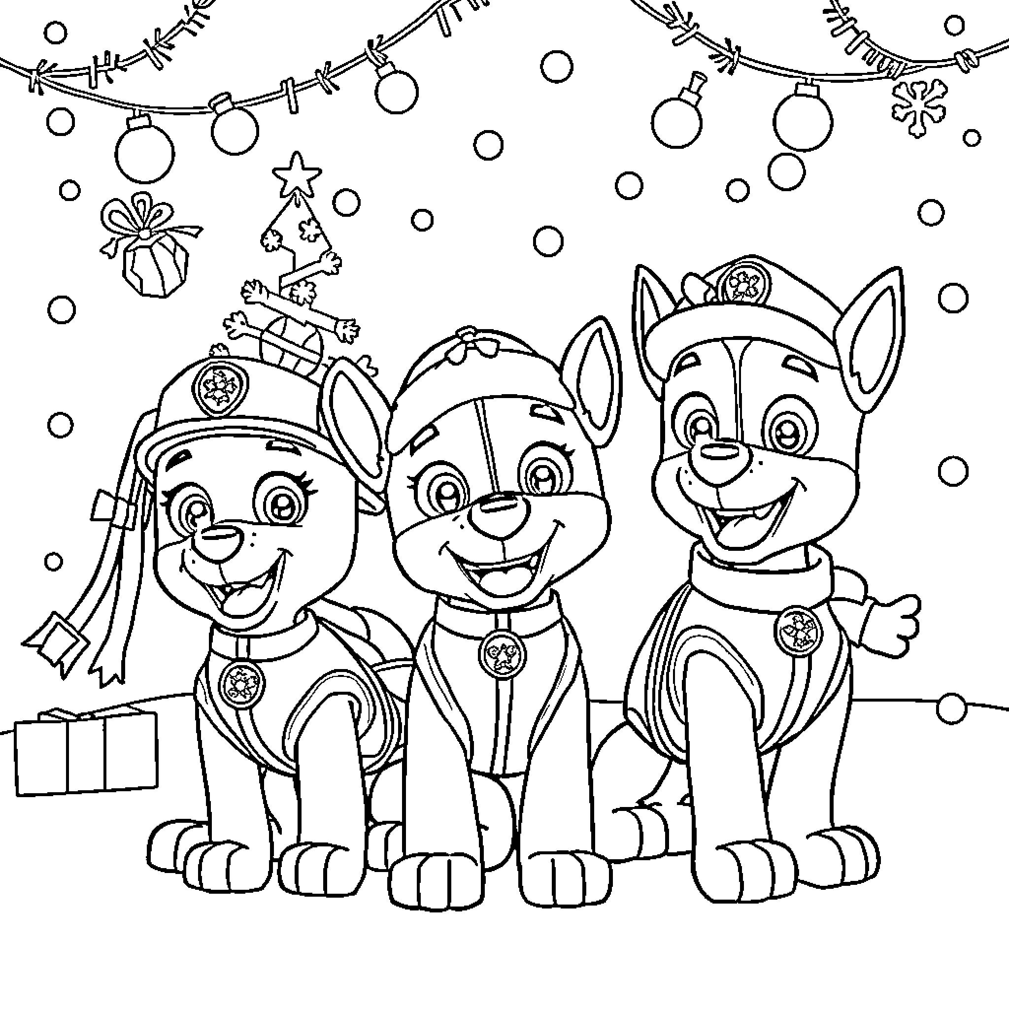 Pawpatrol Pups Celebrating Christmas Joyfully Coloring Page (free black-and-white line drawing printable PDF for all, from beginners to advanced learners, including children, teens, adults, and seniors)