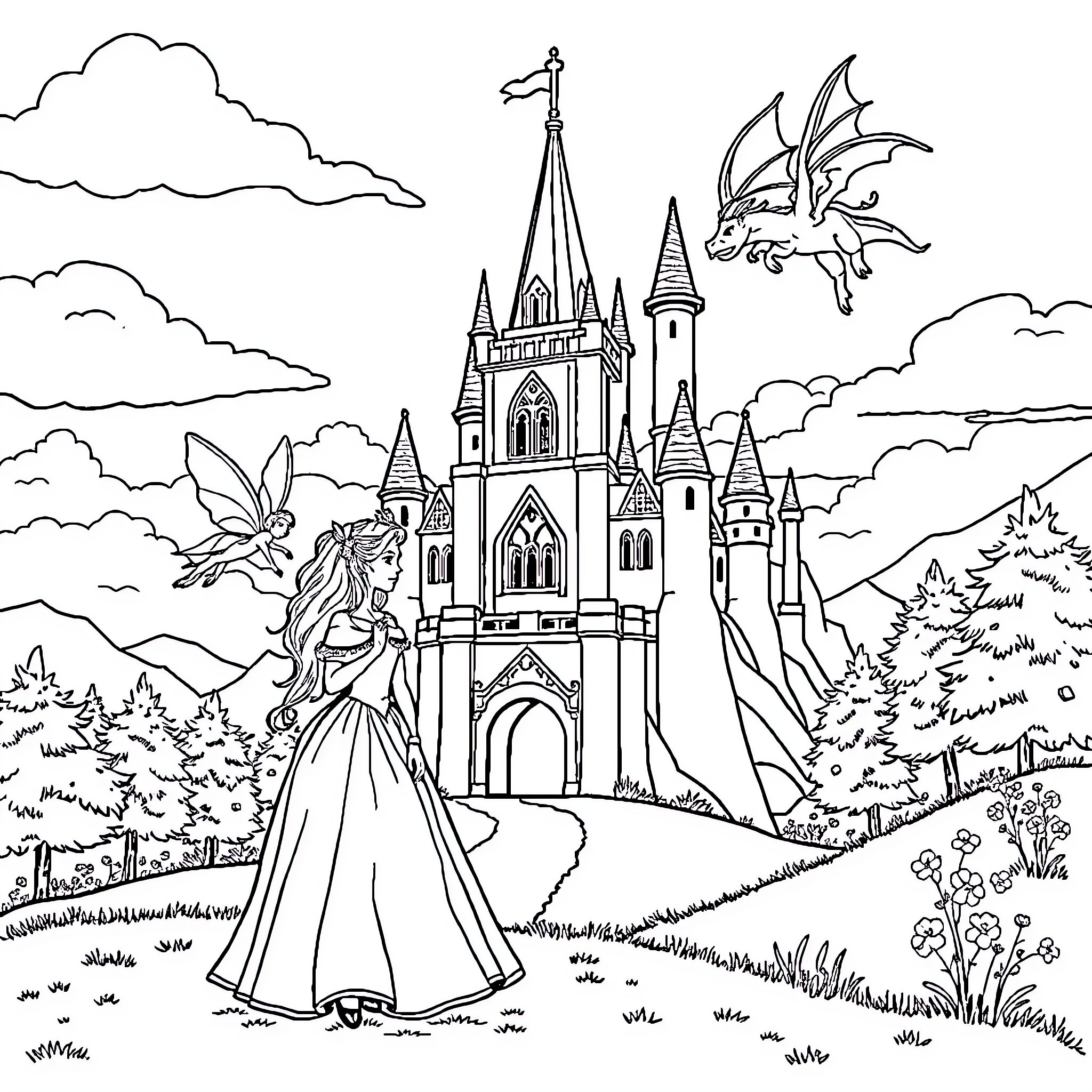 Princess and Magical Castle with Mythical Creatures Coloring Page (free black-and-white line drawing printable PDF for all, from beginners to advanced learners, including children, teens, adults, and seniors)
