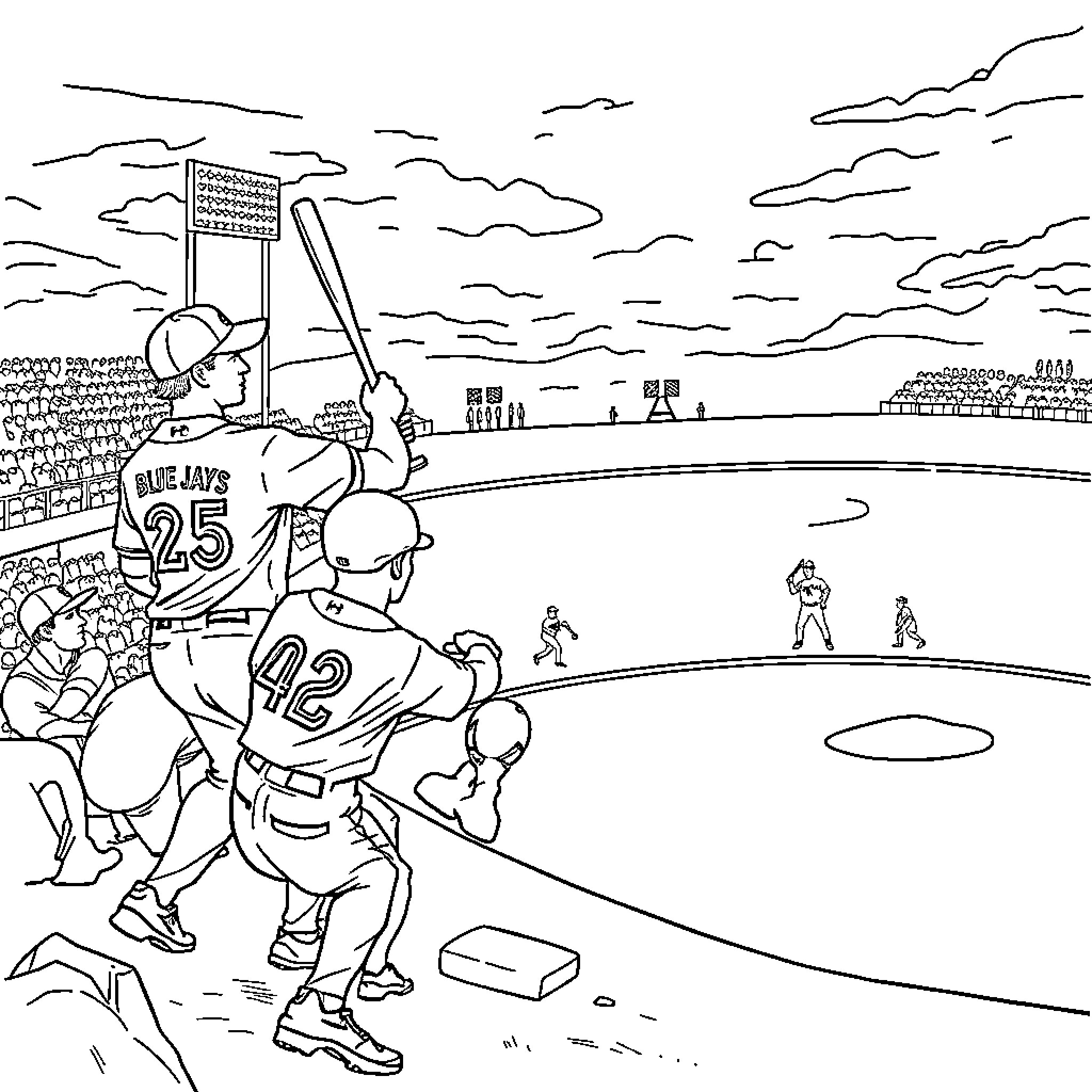 Bluejay baseball players on the field Coloring Page (free black-and-white line drawing printable PDF for all, from beginners to advanced learners, including children, teens, adults, and seniors)