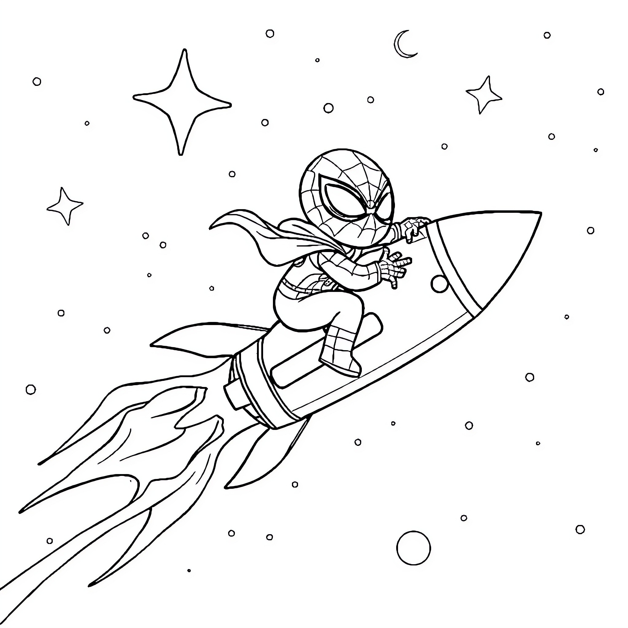 Spider-Man riding a rocket in the starry night Coloring Page (free black-and-white line drawing printable PDF for all, from beginners to advanced learners, including children, teens, adults, and seniors)