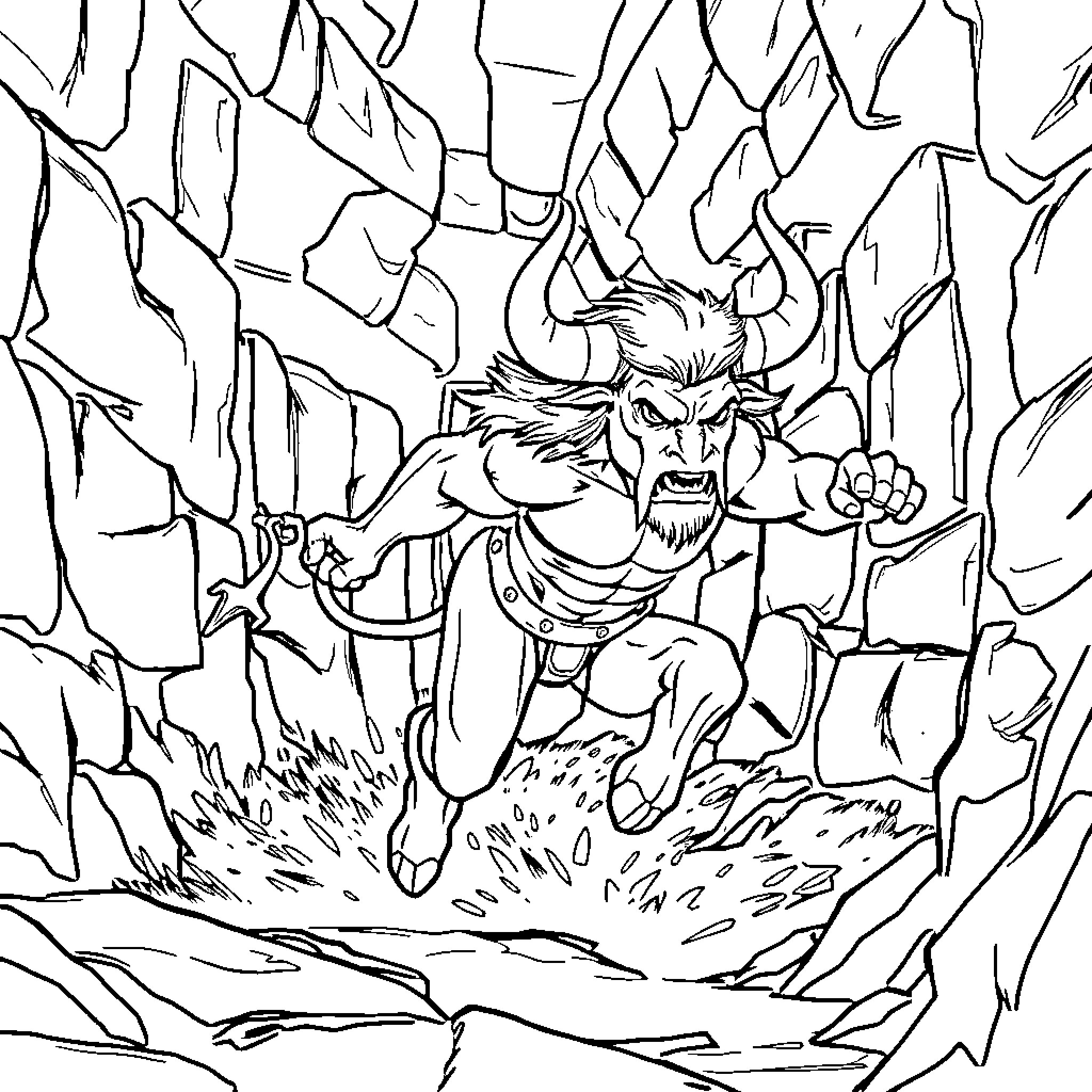 Minotaur Charging Through Treacherous Terrain Coloring Page (free black-and-white line drawing printable PDF for all, from beginners to advanced learners, including children, teens, adults, and seniors)