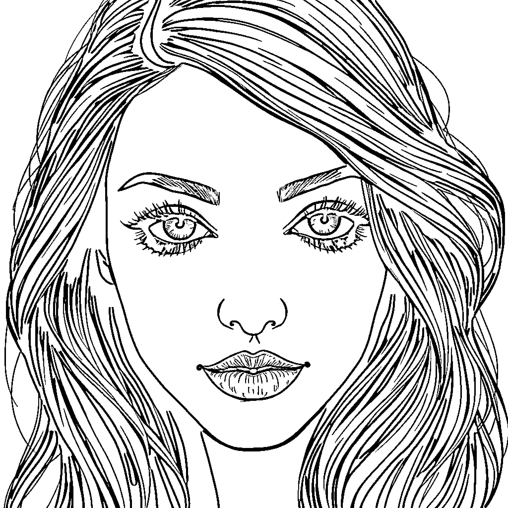 Woman with long flowing hair and intense expression Coloring Page (free black-and-white line drawing printable PDF for all, from beginners to advanced learners, including children, teens, adults, and seniors)