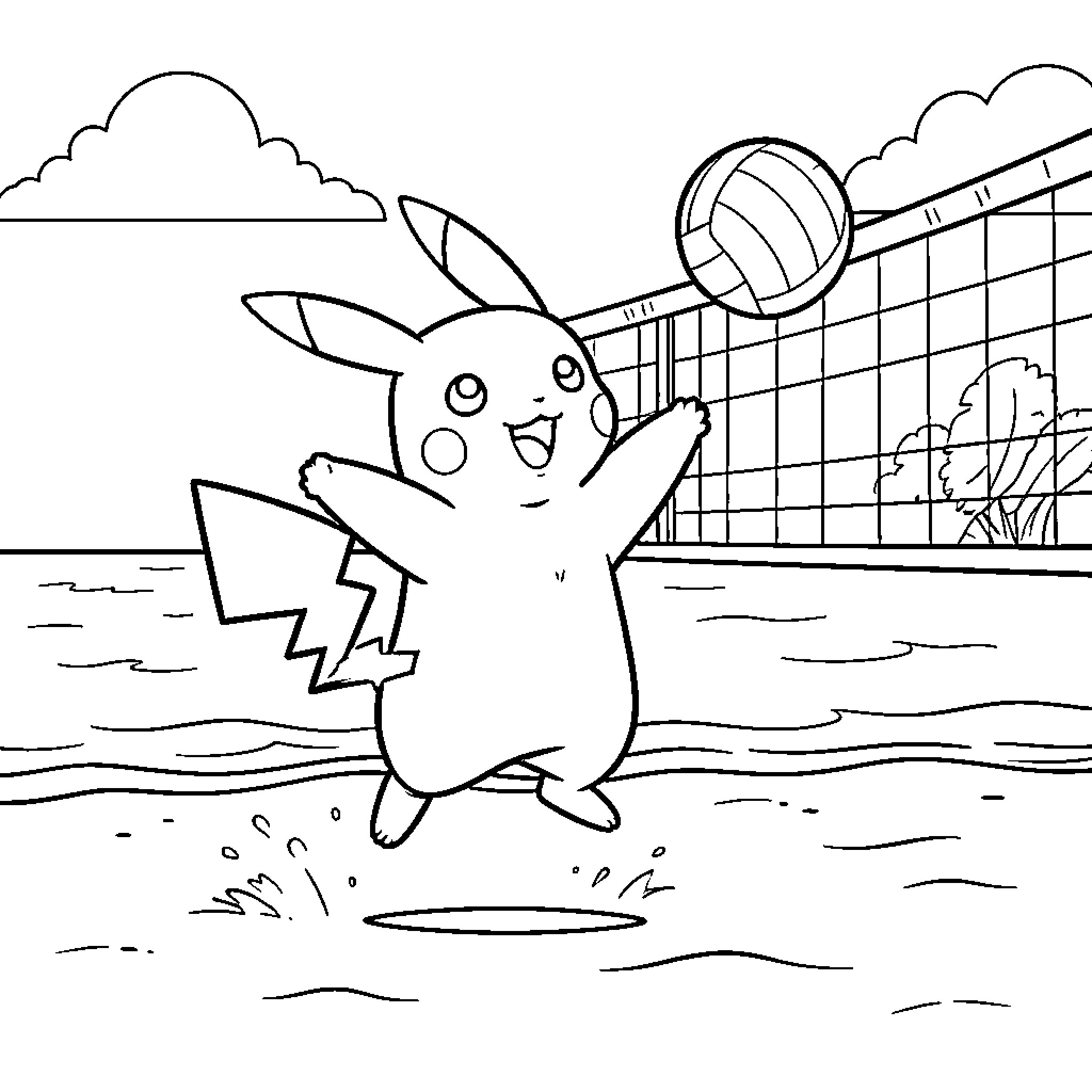 Pikachu jumping excitedly to play volleyball on the beach Coloring Page (free black-and-white line drawing printable PDF for all, from beginners to advanced learners, including children, teens, adults, and seniors)