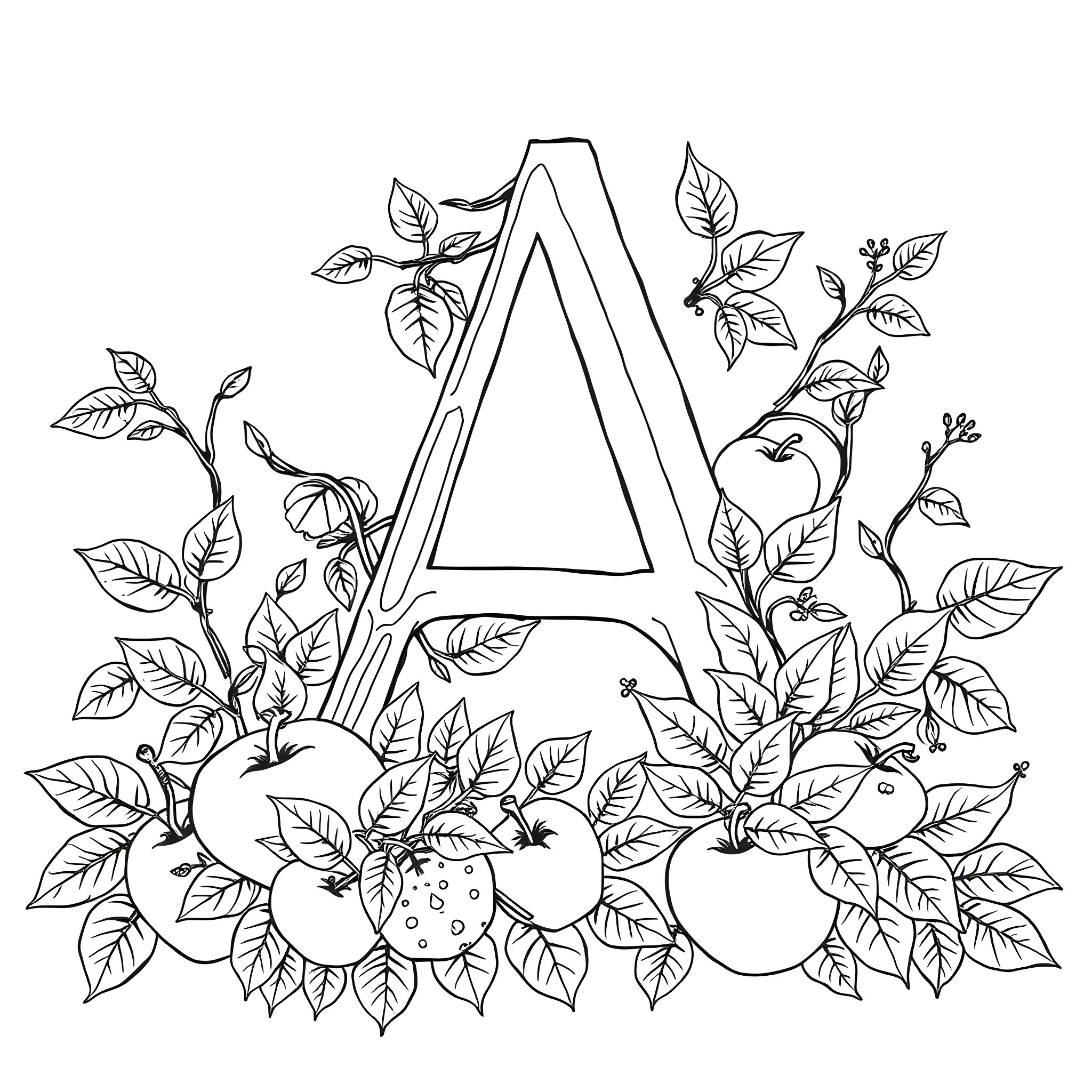 Apple Shaped Artwork with Floral Elements Coloring Page (free black-and-white line drawing printable PDF for all, from beginners to advanced learners, including children, teens, adults, and seniors)